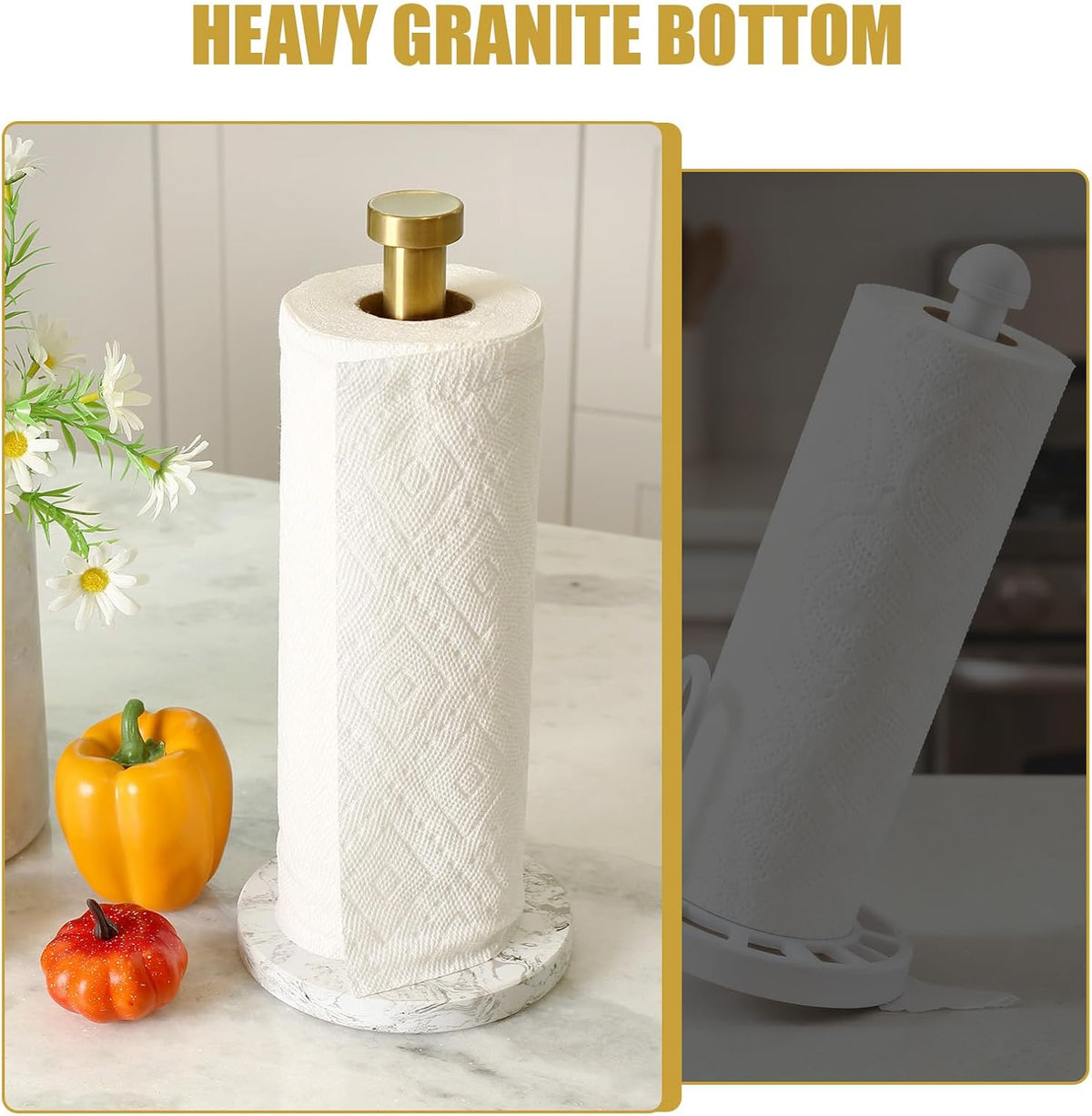 Paper Towel Holder Countertop, Marble and Brass Standing Paper Roll Holder, Heavy Stone Paper Towel Holder with 6"