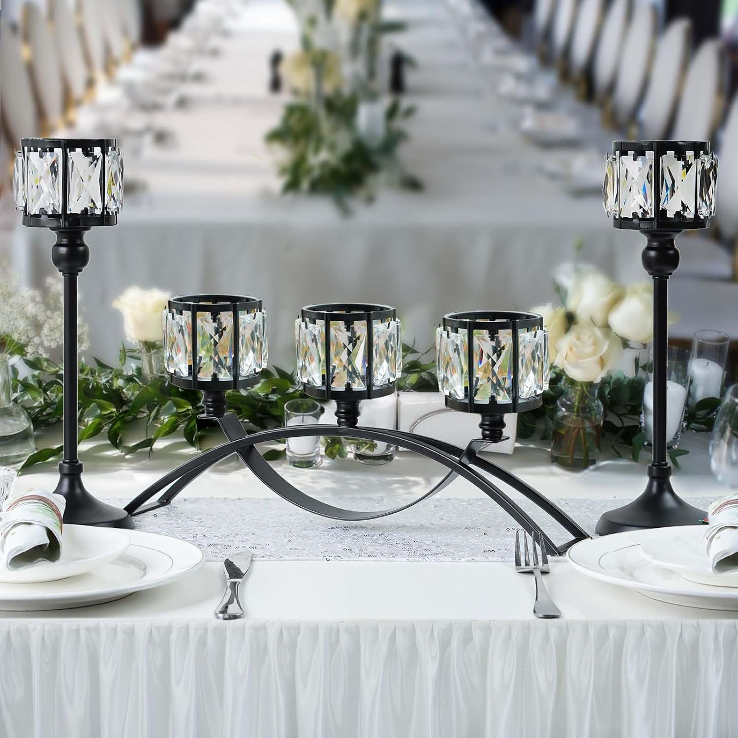 Black Set of 3 Crystal Candle Holders Arched - Elegant Tabletop Candelabra Centerpiece for Weddings, Dining Room Decor