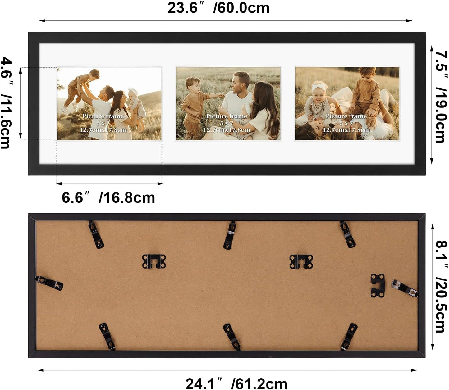 Giftgarden 5x7 Collage Picture Frame 3 Openings Horizontal, Textured Metal 8x24 Frame Matted to Three 5x7 Photos with