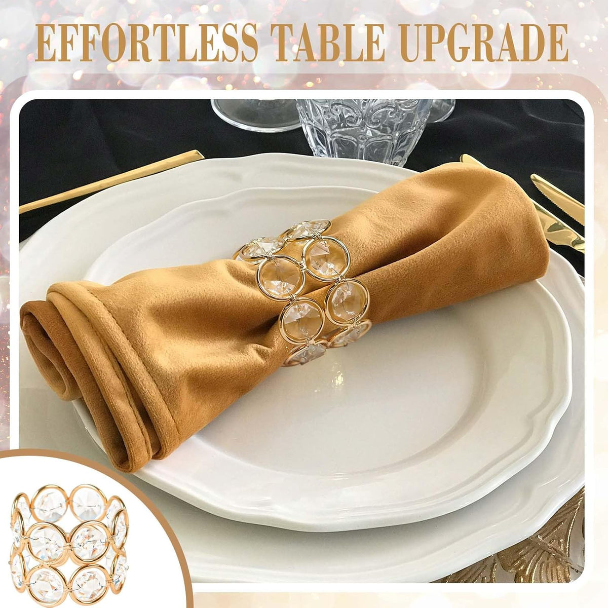 Crystal Metal Napkin Rings Set, Elegant Wedding/Party Table Decor, Shiny Holiday Dinner Accessories Bulk, Bridal Shower