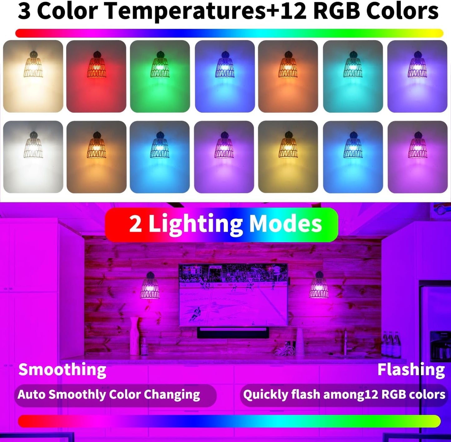 Boho Battery Operated Wall Sconces, Rattan Wall Sconce Set of 2 with Remote, RGB 15 Colors Dimmable Rechargeable Wall
