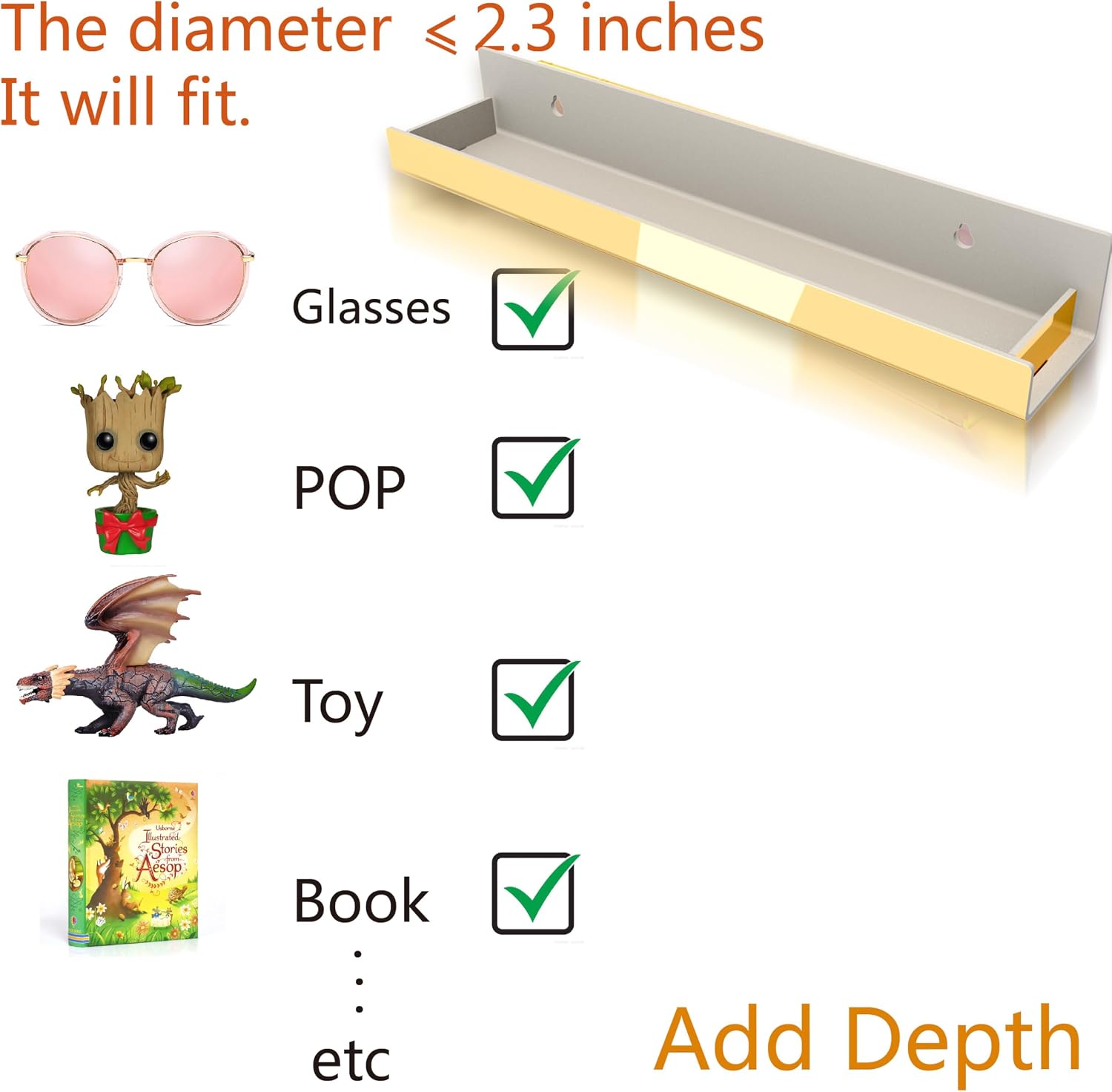 4 Pack 15 Inch Gold Reflective Acrylic Shelves, Gold Foating Shelves, Modern Sunglasses Essential Oil Picture Ledge