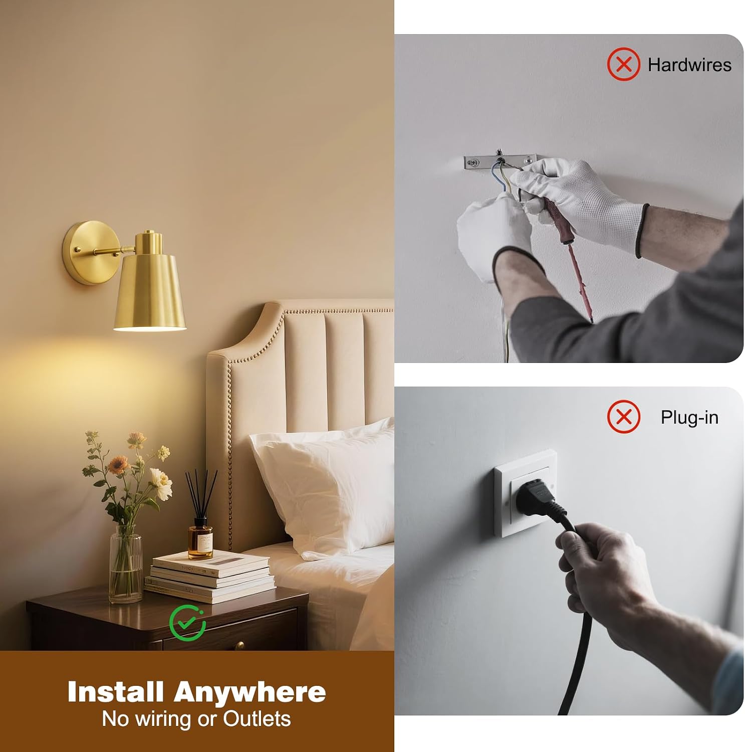 Gold Battery Operated Wall Sconces Set of Two with Remote, Rechargeable Battery Powered Wall Lights, 3 Color