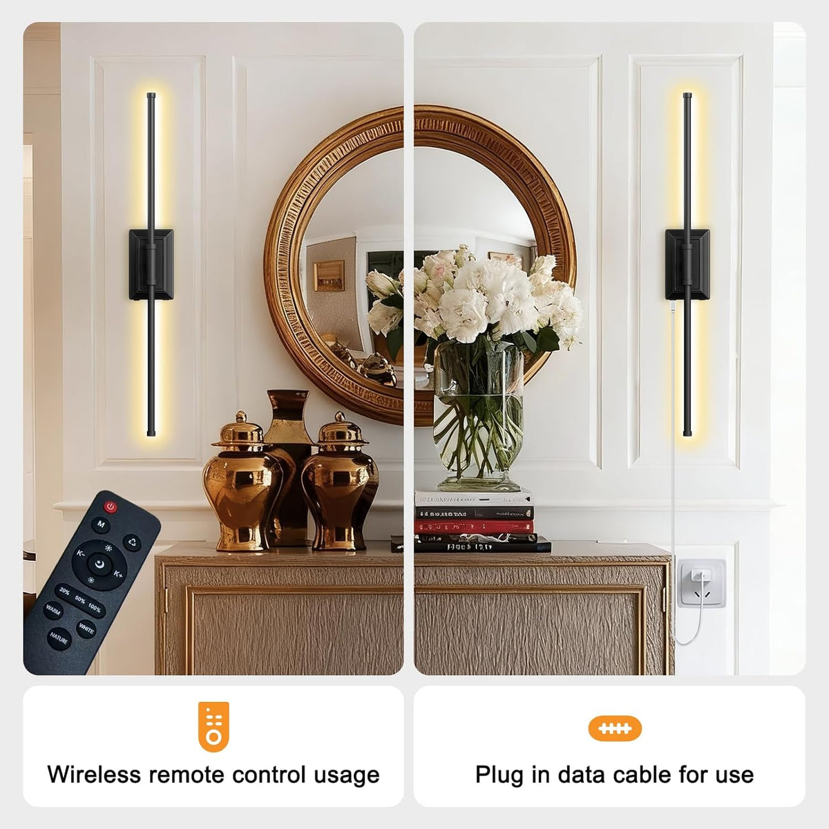 Battery Operated Wireless Wall Sconce - Rechargeable Led Sconces Set of two | Modern in Black Gold Silver - Bedroom
