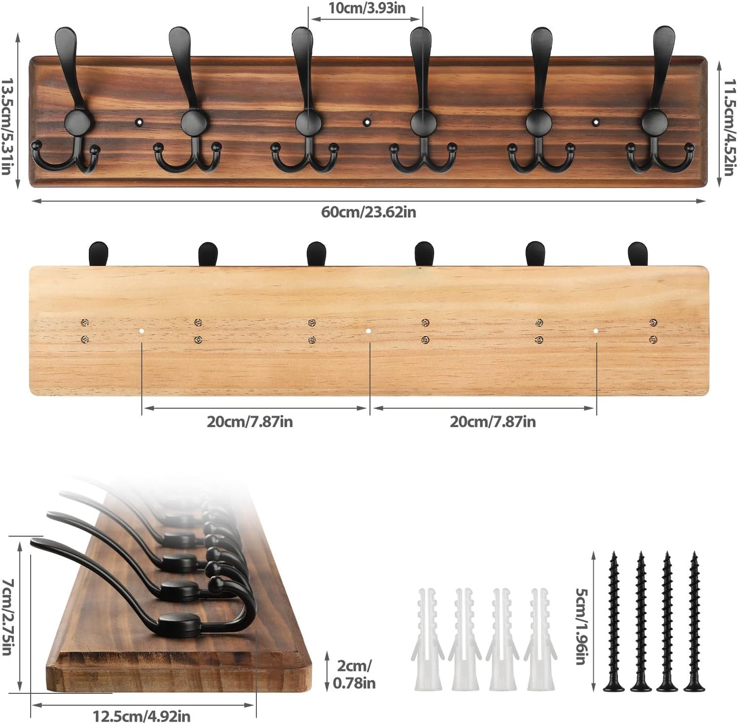 Coat Rack Wall Mount, Wooden Heavy Duty Coat Rack for Wall,6 Triple Coat Hanger Hooks for Hanging
