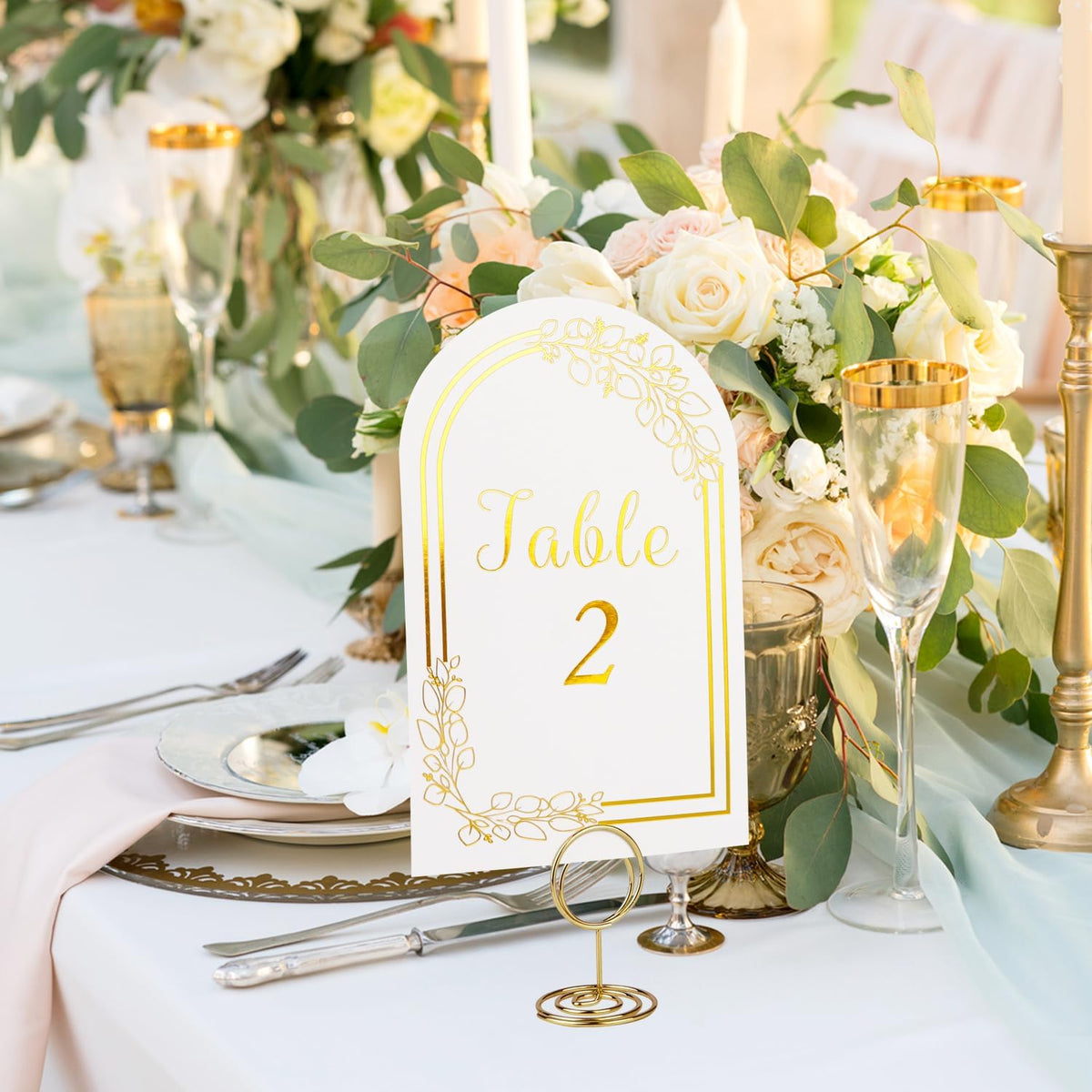 Wedding Table Numbers 1-40, 40 White Gold Table Number Cards with 40 Gold Table Number Holders, 1 Set of 40 Table