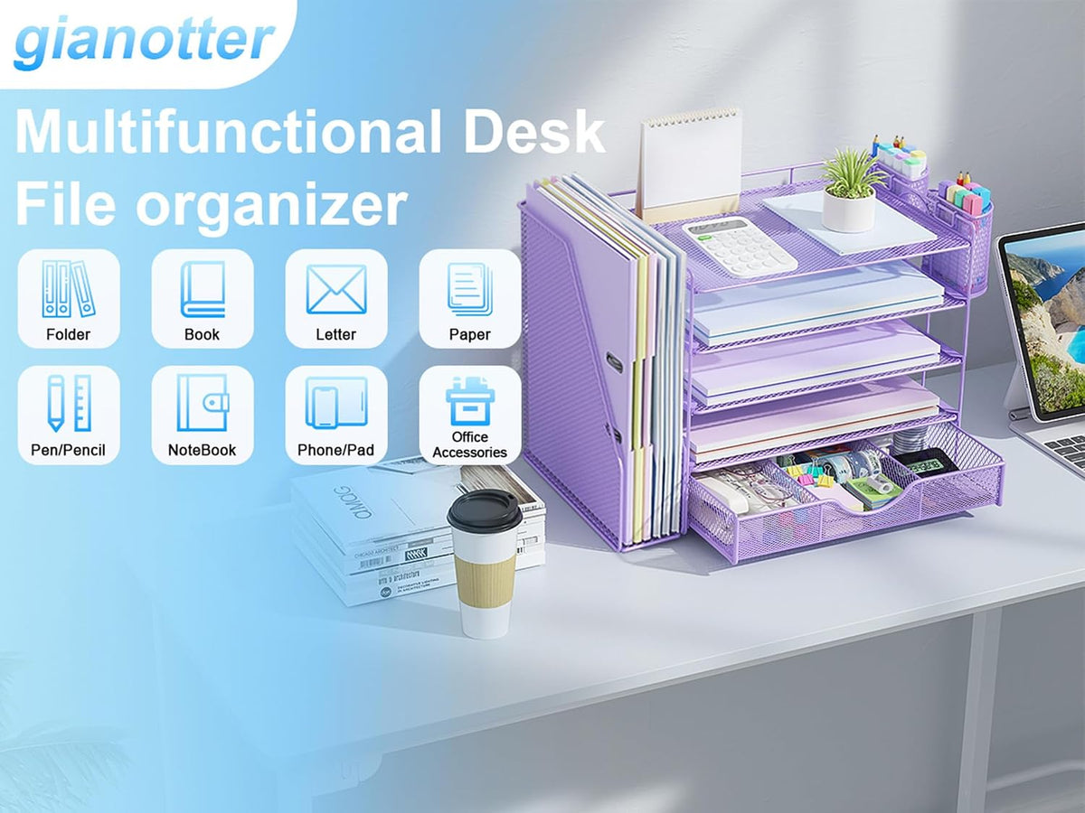 gianotter 5-Tier Desk Organizer with Drawers and File Holders | Letter Trays and Pen Holders - Workspace Accessories