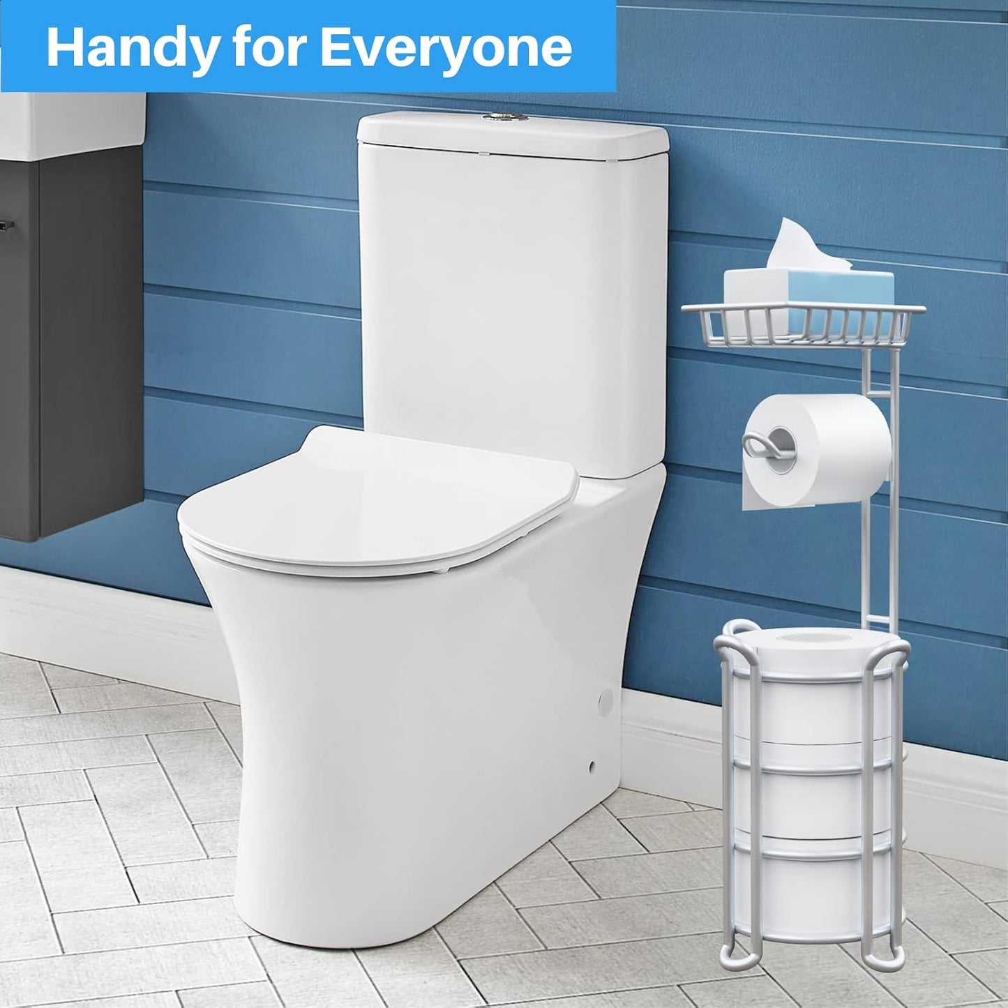 Toilet Paper Holder Stand with Shelf for Phone, Free Standing Tissue Roll Storage and Dispenser Rack for 4 Mega Rolls