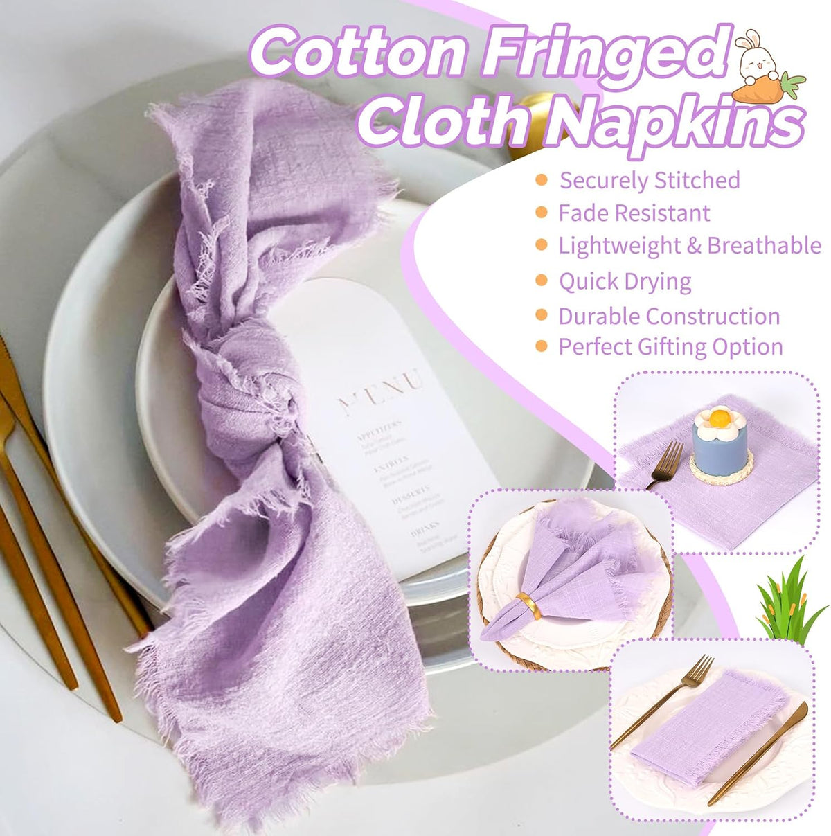 Showgeous 30 Pack Lavender Cloth Napkins with Fringe, 16x16 inch | 100% Cotton Purple Napkins Handmade Dinner Napkins