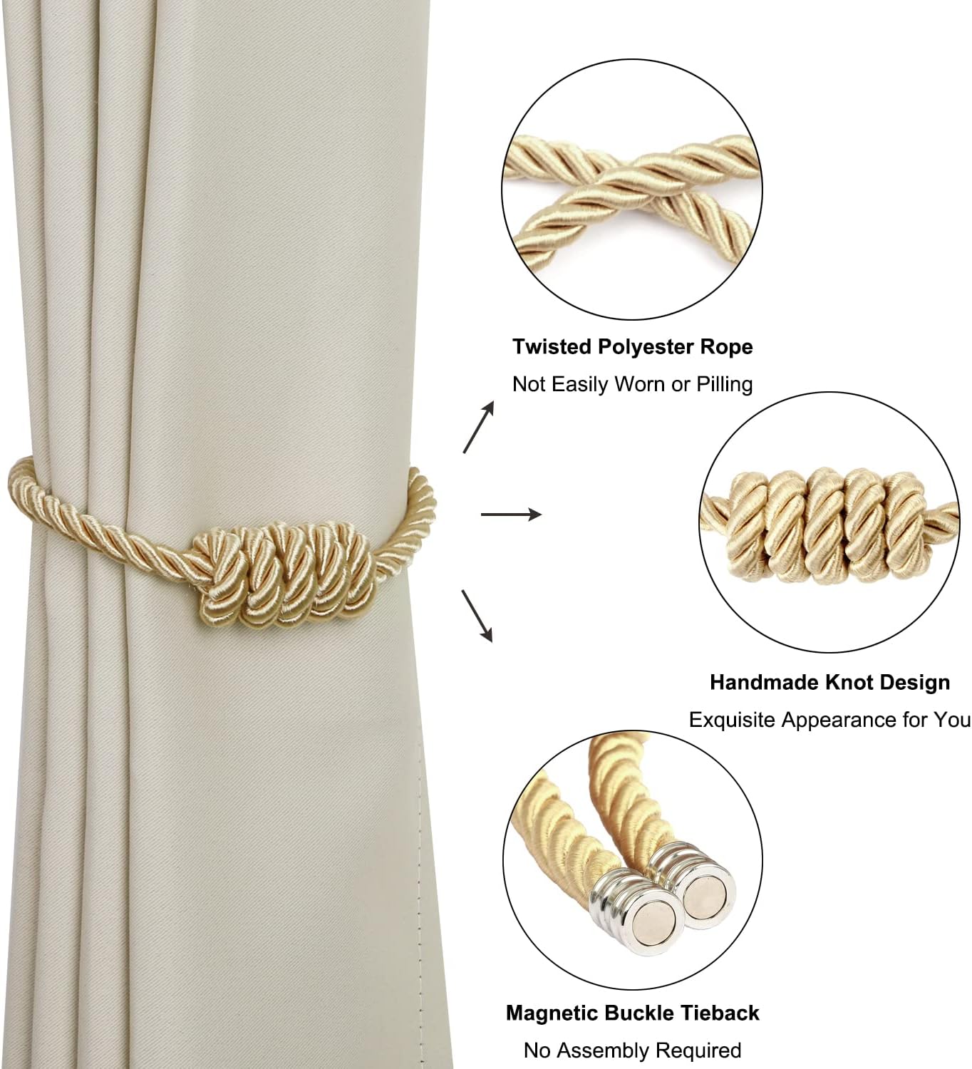 BEL AVENIR Magnetic Curtain Tiebacks 6 Pack Hand-Woven Curtain Ties | Gold Decorative Curtain Holdbacks Bohemian Style