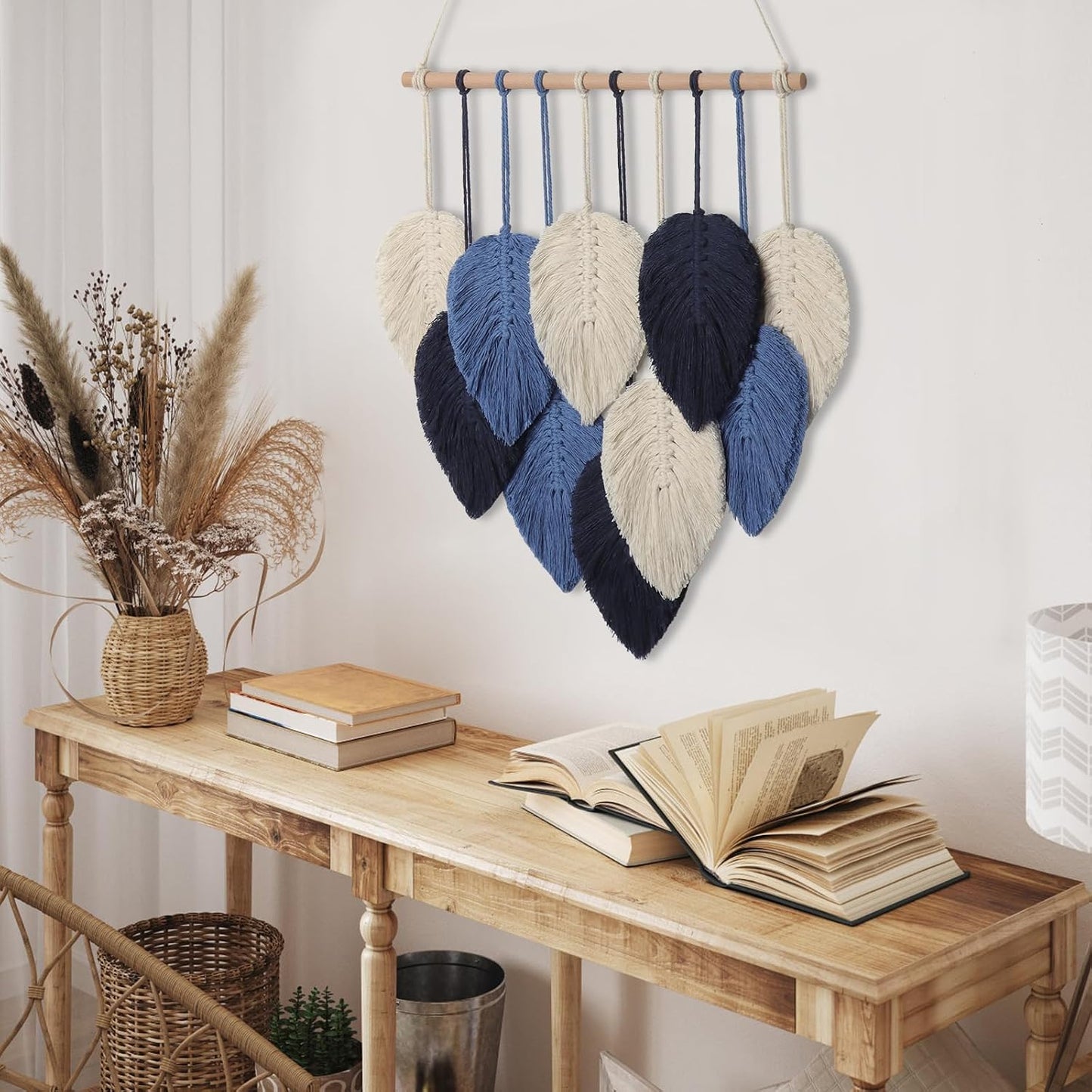 Macrame Wall Hanging Leaves Chic Woven Leaf Tassels Decoration Cotton Ornaments Tapestry / Navy Blue