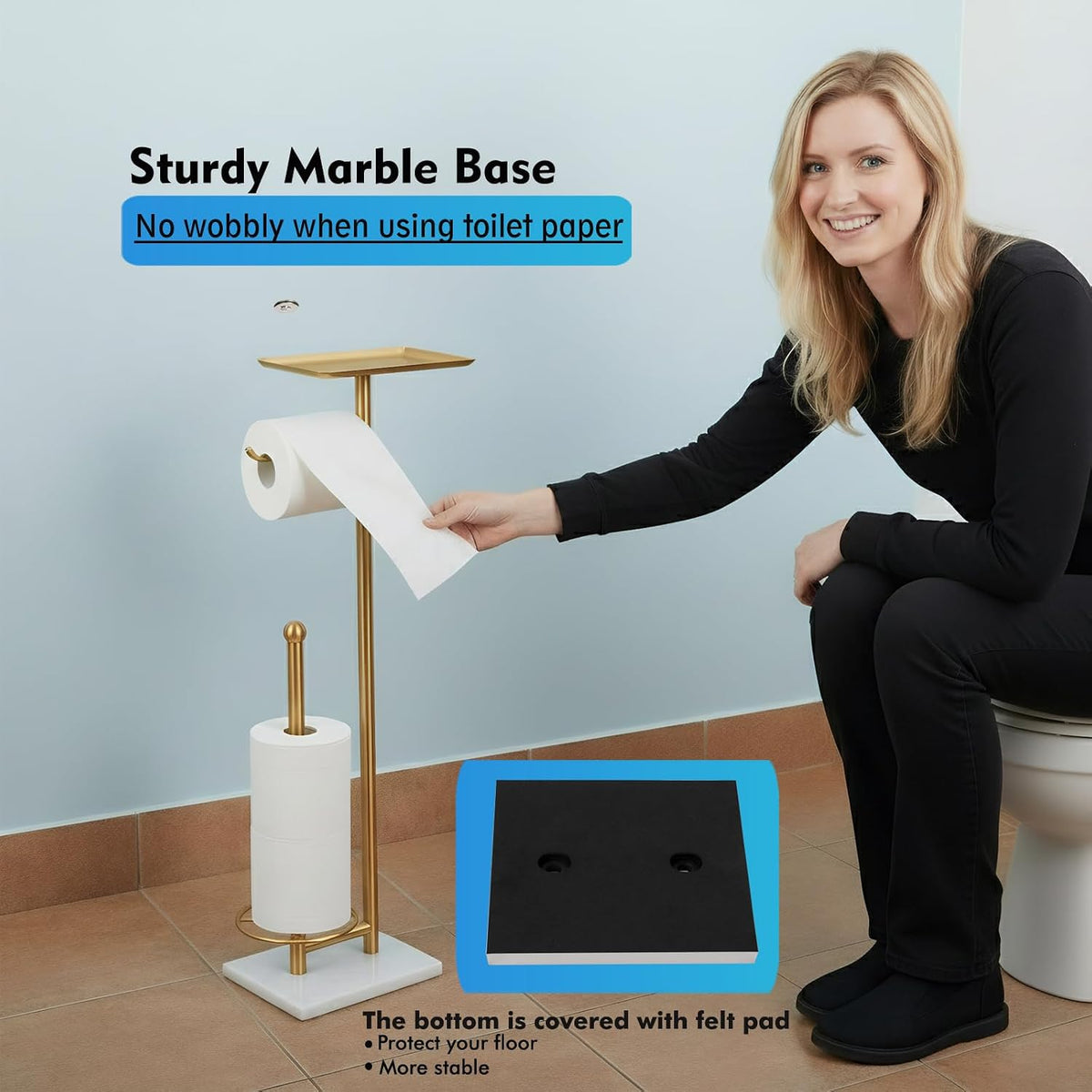 Gold Toilet Paper Holder with Shelf, Free Standing Toilet Paper Holder with Storage - Toilet Paper Stand for Holding