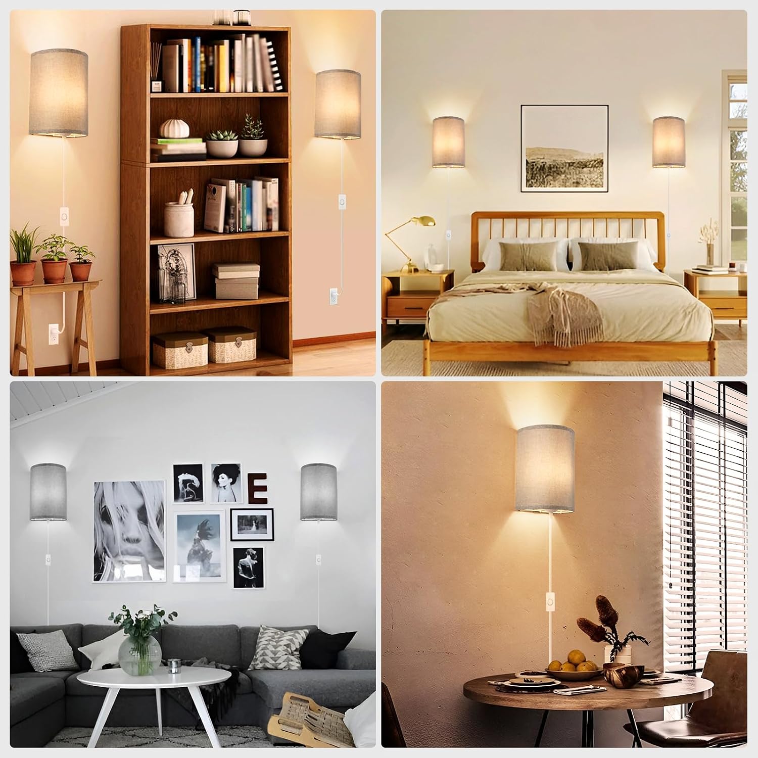 Wall Sconces Set of 2, Plug in Wall Sconces with On/Off Switch, 3-Color Selectable (3000K/4000K/6000K), Fabric Linen