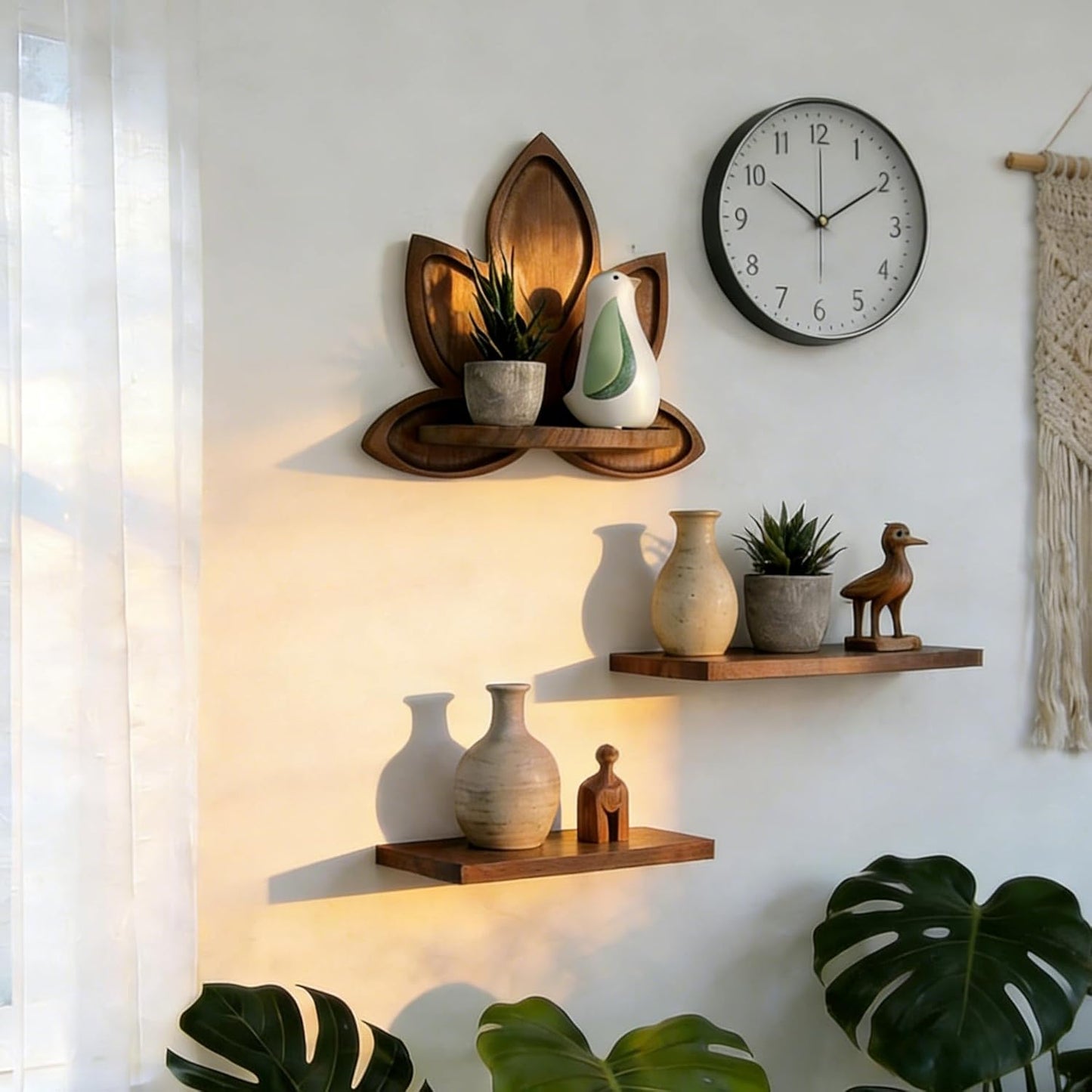 Small Carved Lotus Flower Wooden Floating Wall Shelf / Walnut
