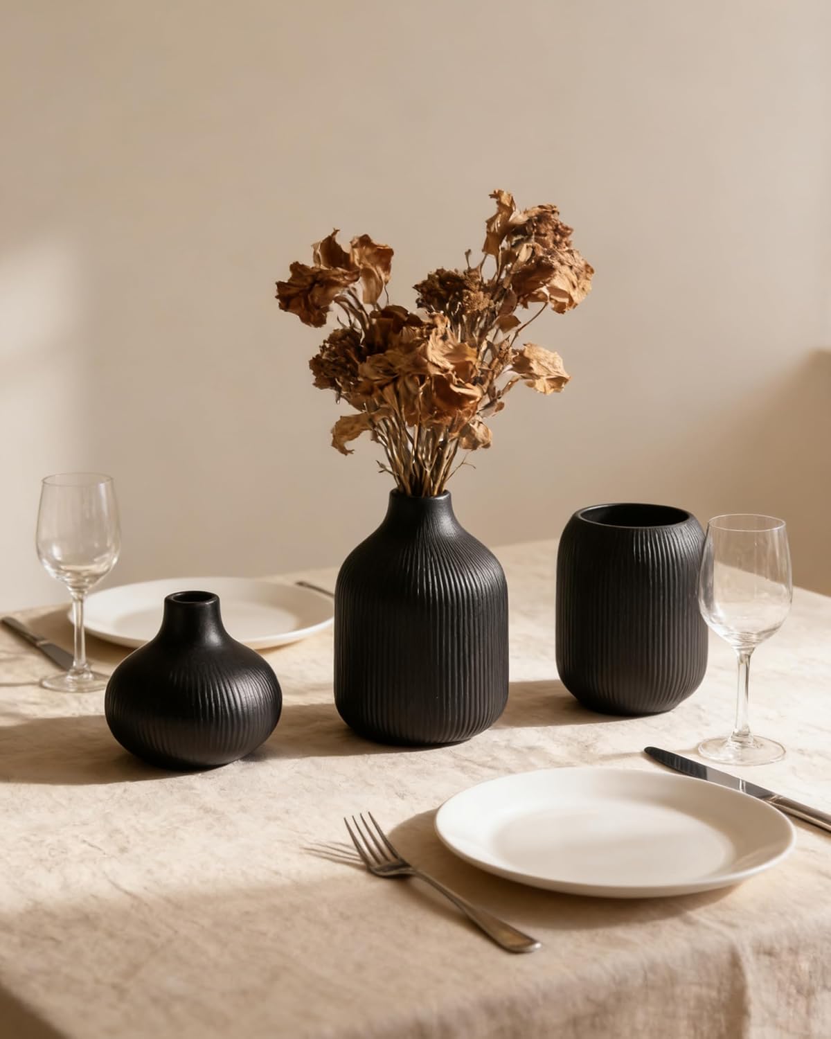 Black Ceramic Vase Set 3 Modern Style Decor Farmhouse Home Living Room Dining Table Room / 15 Black