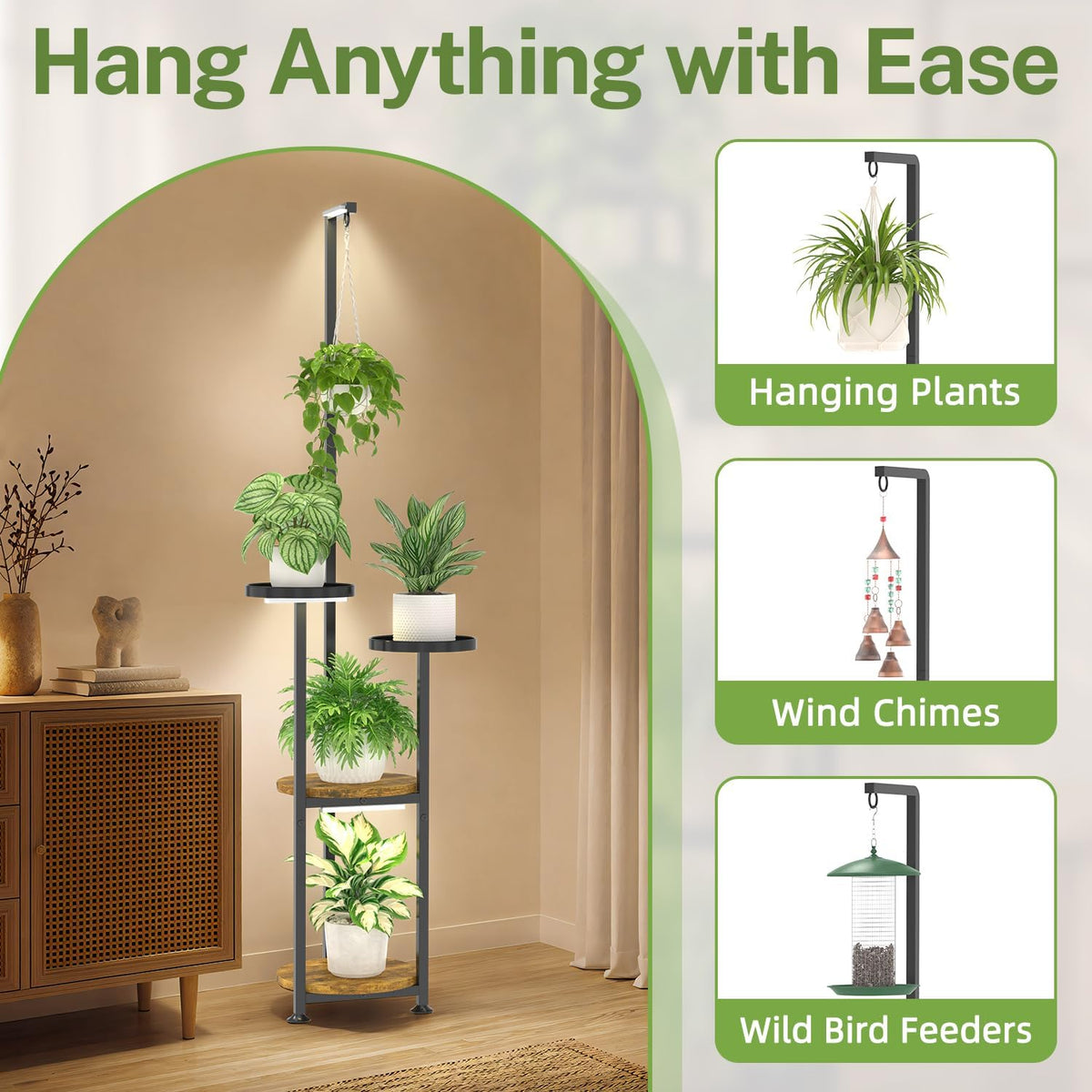 iDavosic.ly Hanging Plant Stand with Grow Light Indoor, 4 Tier, Black Brown | Tall Vertical Corner Metal Flower Shelf