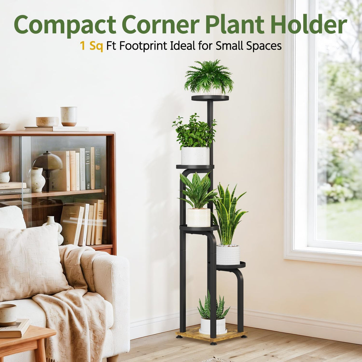 LASZOLA Plant Stand Shelf Tall Indoor Corner, 5 Tier Metal Black | Modern Multiple Flower Display Rack with Metal Tray