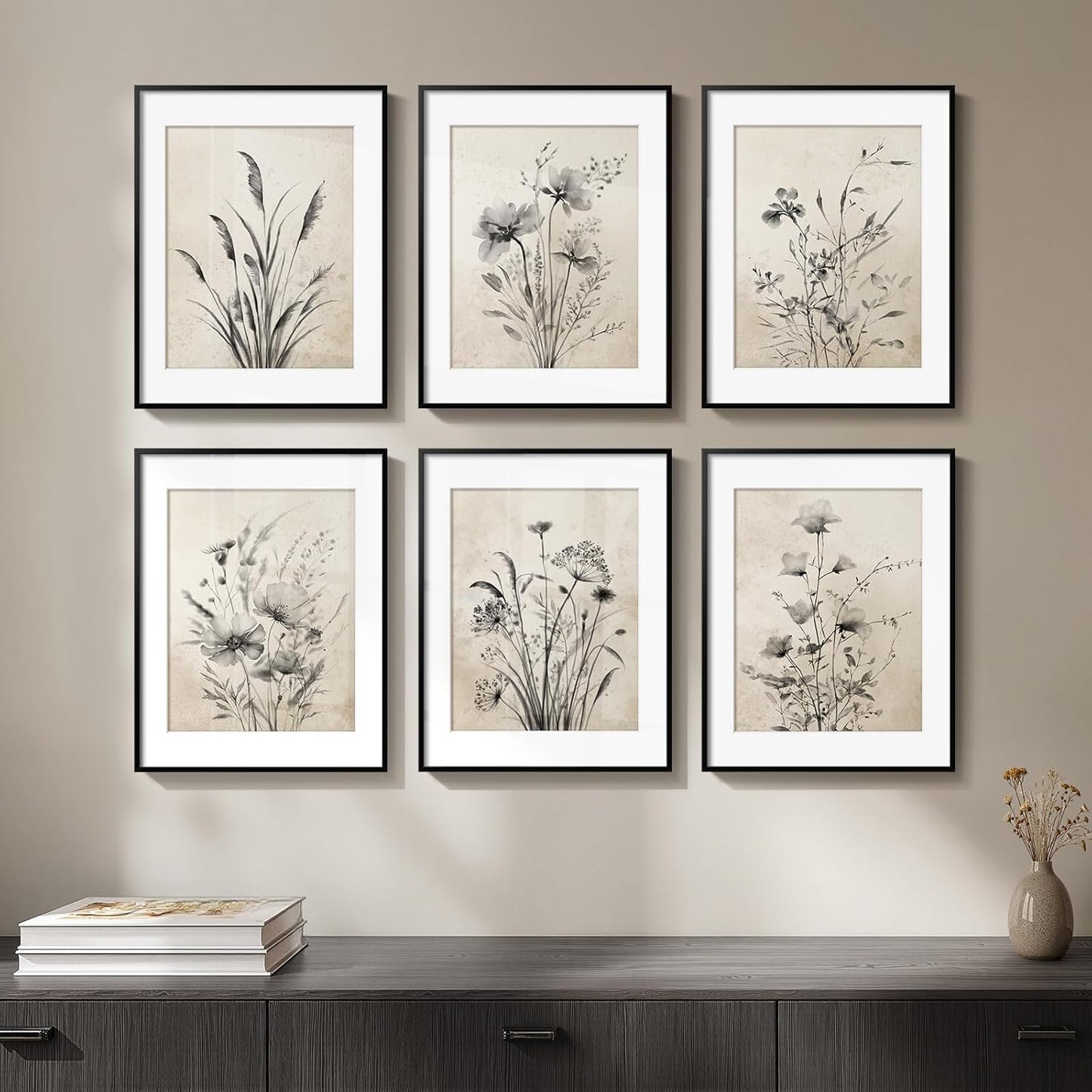 Mat for Farmhouse / 11" W x 14" H x / Black Floral - Black Framed / Set of 6