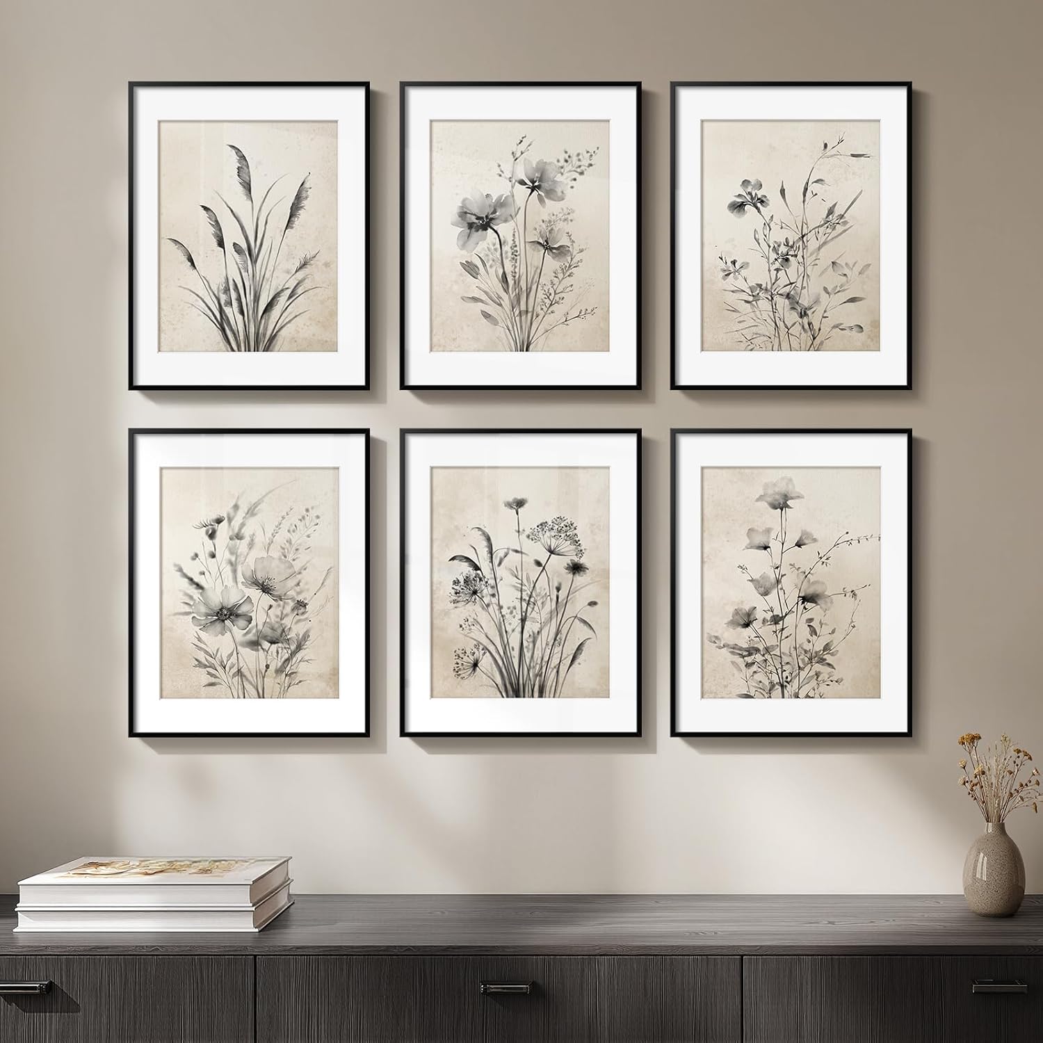 Mat for Farmhouse / 11" W x 14" H x / Black Floral - Black Framed / Set of 6