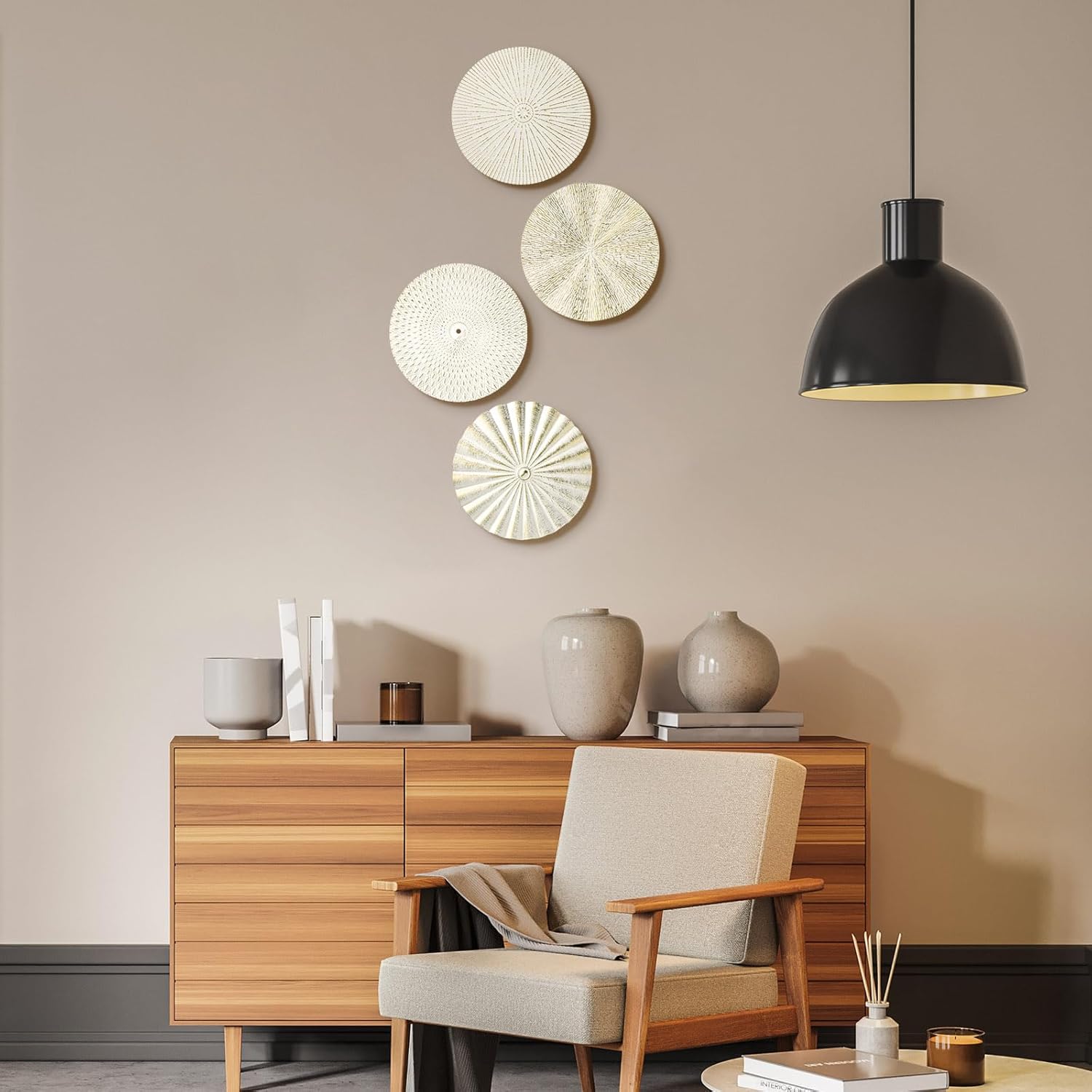 Metal Wall Art Decor Modern Sunburst Hanging Artwork Decor Wall / White Gold / 12 Inch / Set of 4