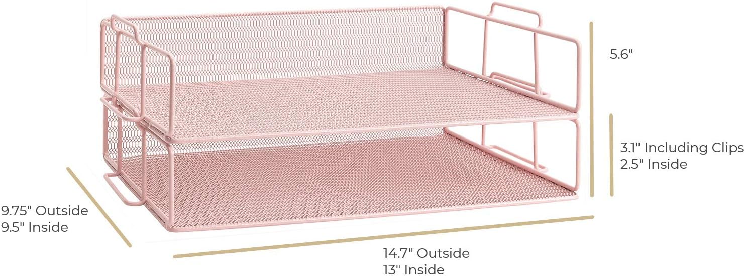 BLU MONACO | Paper Tray Stackable Pink Mesh Set of 2 | Stackable File Trays for Desk Organization | Tiered Desk