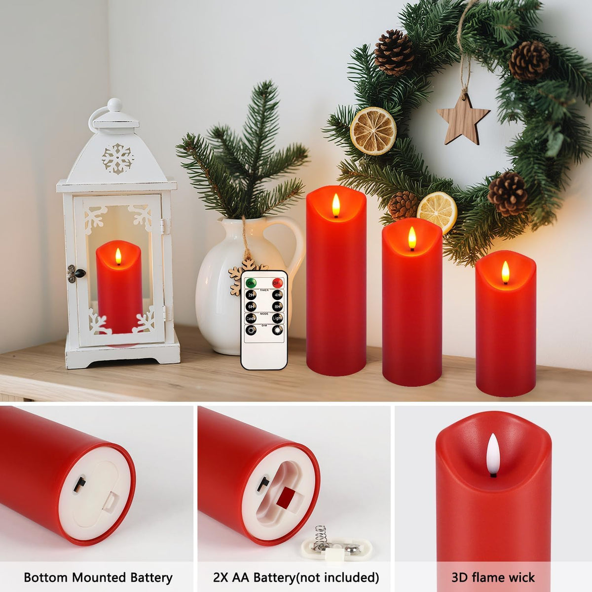 fclayvts 24 Pack Red LED Candles with Remote & Timer - Flameless Pillar Candles with 3D Flickering Flame, Battery
