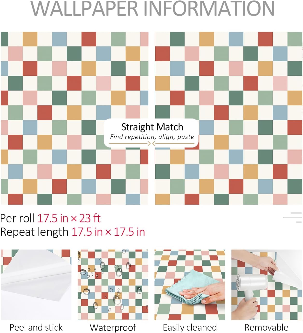 Checkered Wallpaper Peel and Stick Retro Grid Pattern Contact / 17.5 x 10 / Ft / Coloful Checkered