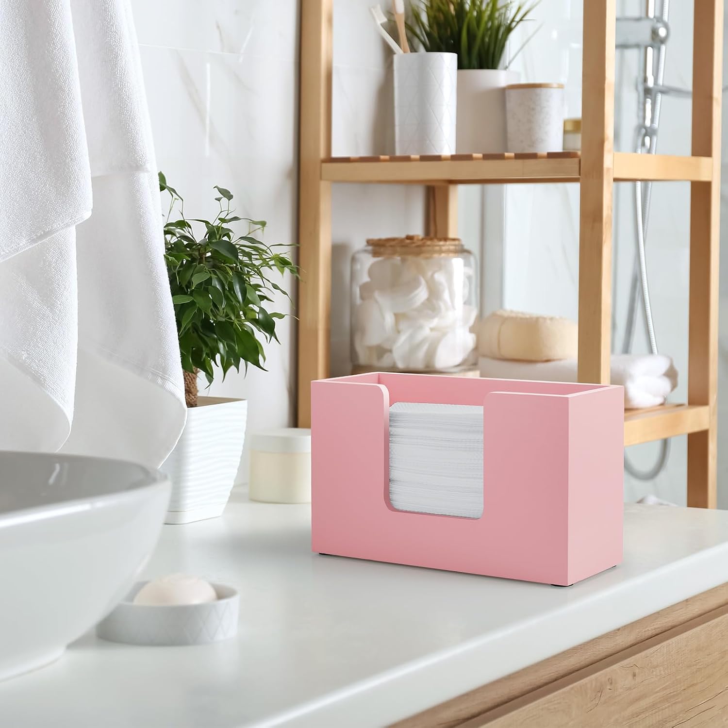 Paper Towel Dispenser Countertop, Wooden Bathroom Paper Towel Holder, Pink Napkin Holder for Kitchen, Countertop