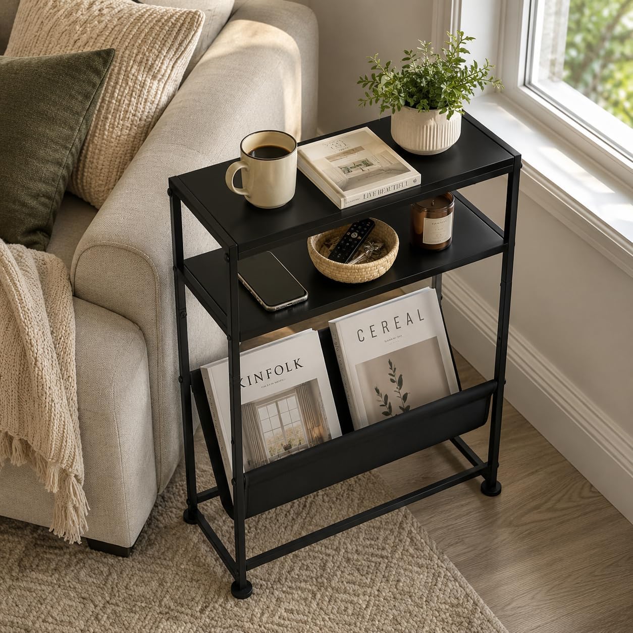 Narrow End Table for Small Spaces - Slim Side Table with Magazine Holder,2 in 1 Design Narrow Coffee Table Living