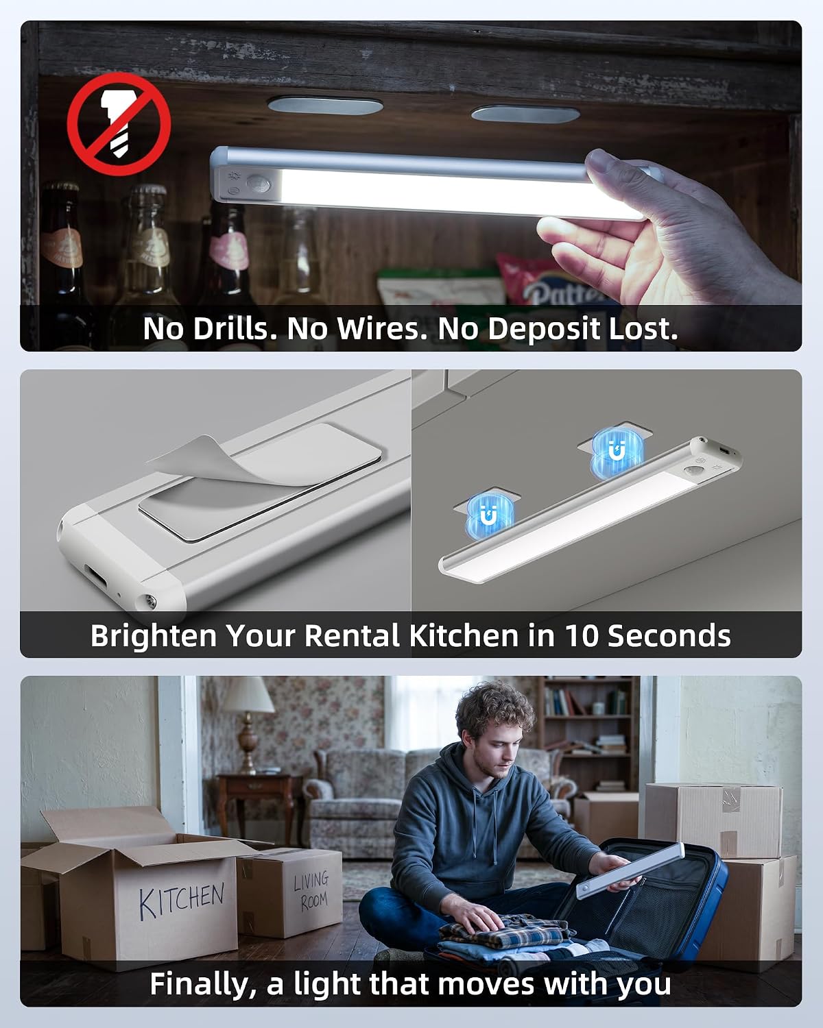 EZVALO 4-Pack Under Cabinet Lighting, 12-inch Motion Sensor Light, 2400mAh Rechargeable, 3 Color Temperatures