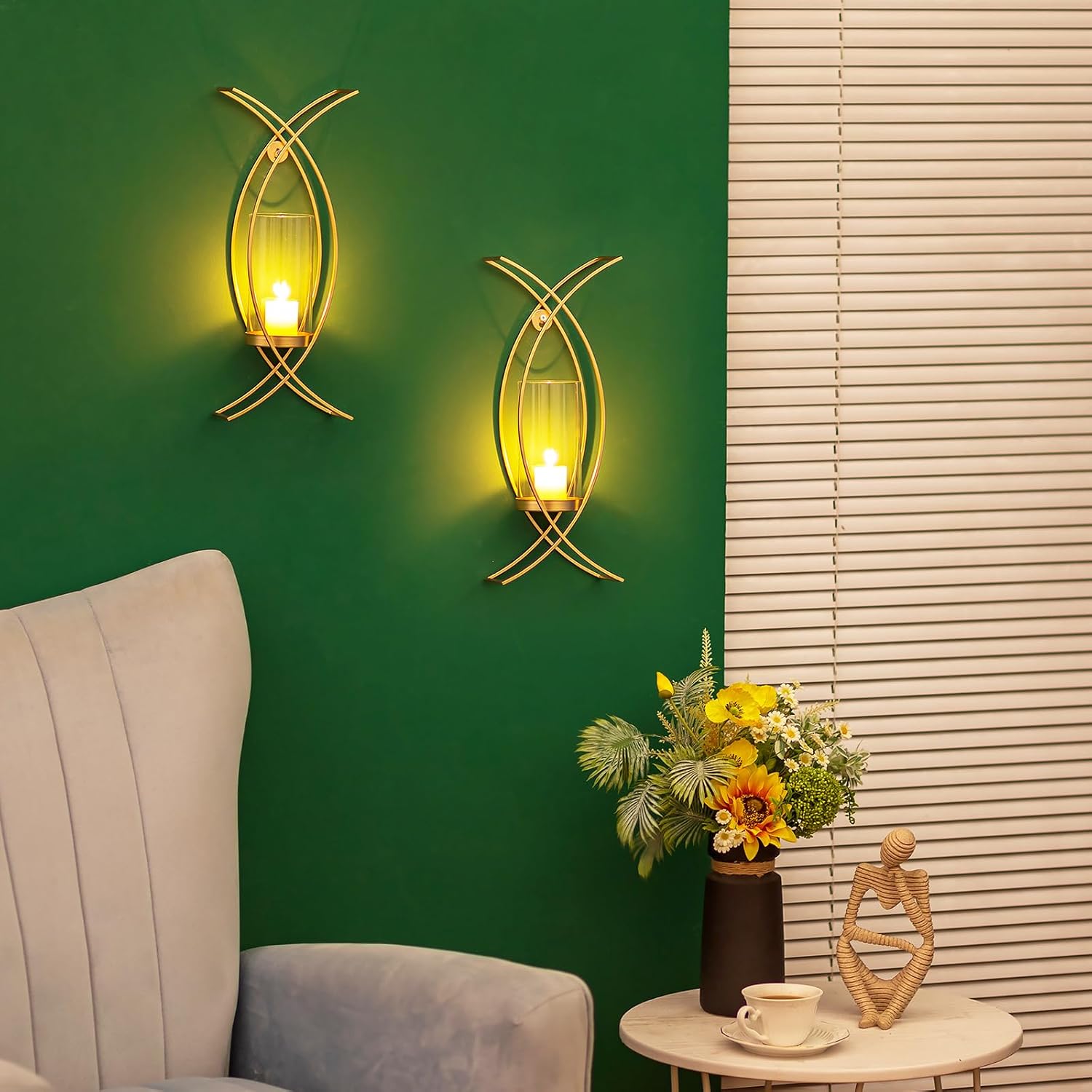 Gold Metal Wall Candle Sconces Set of 2 with Glass Hurricanes | Wall Candle Holder for Pillar, 15 Inch Tray, Flameless