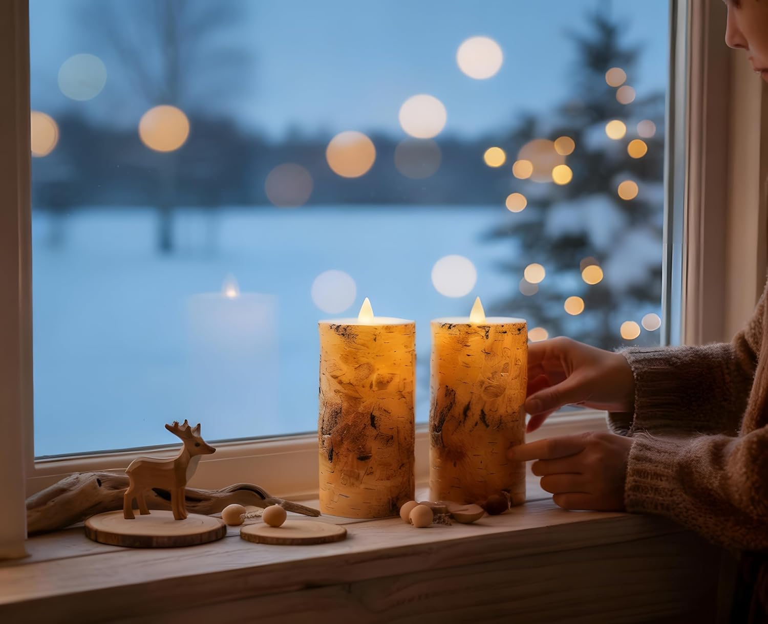 Birch Bark Wax Flameless Candles with Remote Timer, Last 400-Hour with 2AA Batteries, 3D Moving Flame Led Candles, Set