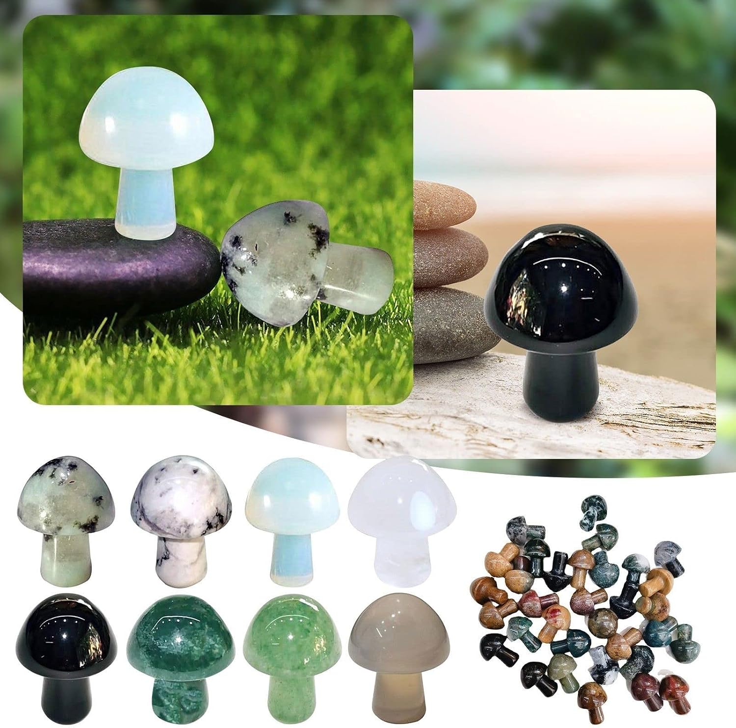 Natural Stones Mushroom Sculpture Decor Crystal / Green Aventurine / Set of 15