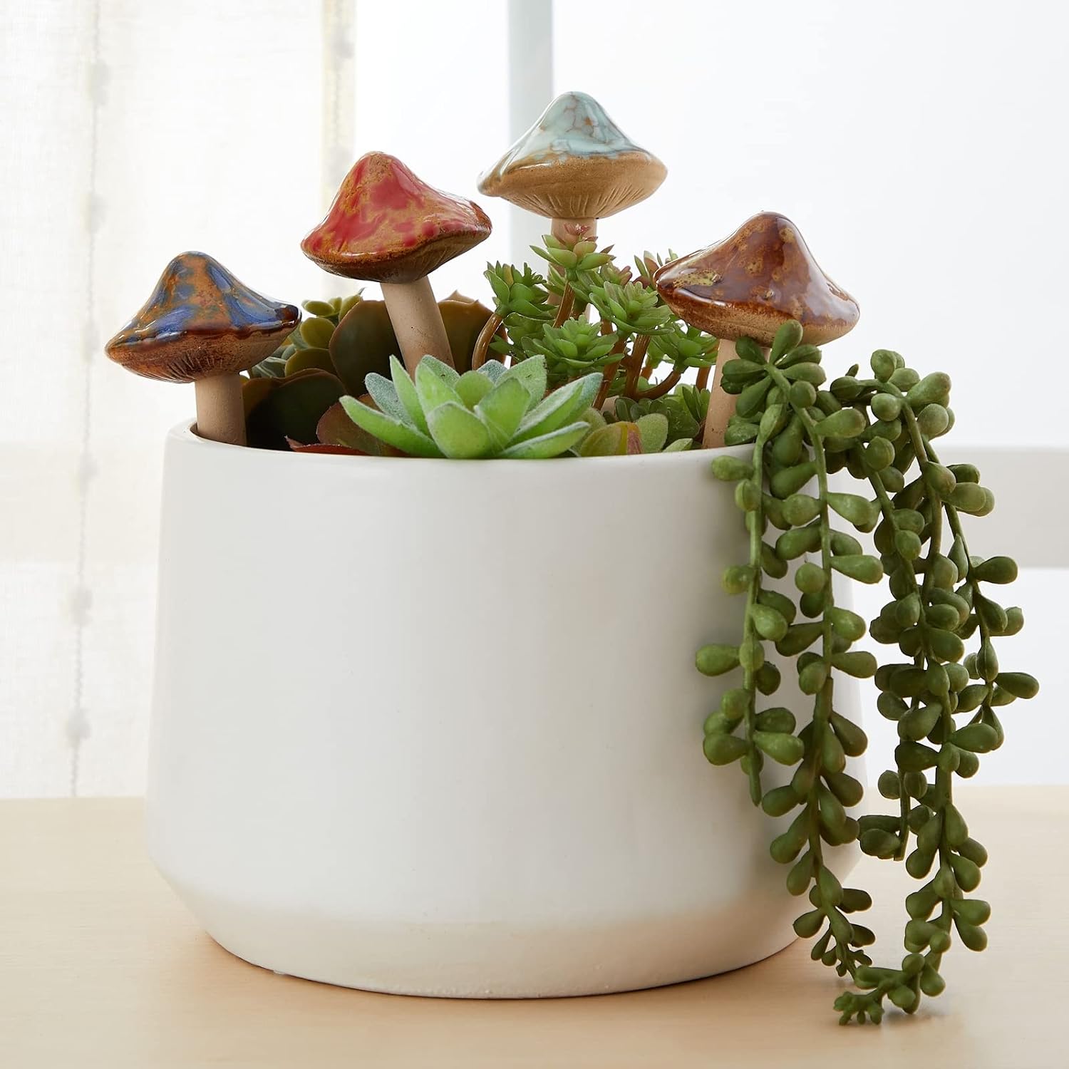 Ceramic Outdoor Mushrooms Plant Stakes / Brown / 5 Inch / Set of 4