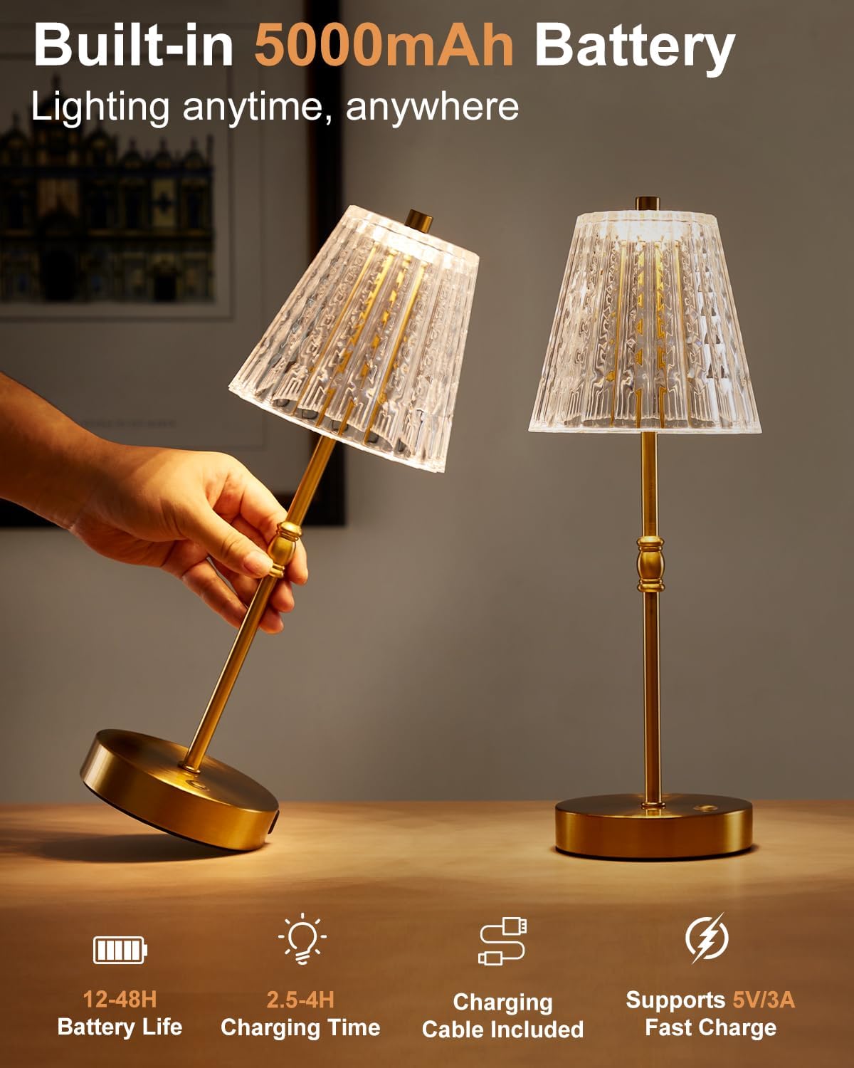 Cordless Crystal Lamp Battery Operated Touch Dimming 5000mAh Table Lamps | 3 Colors Modes, Rechargeable LED, Sepless