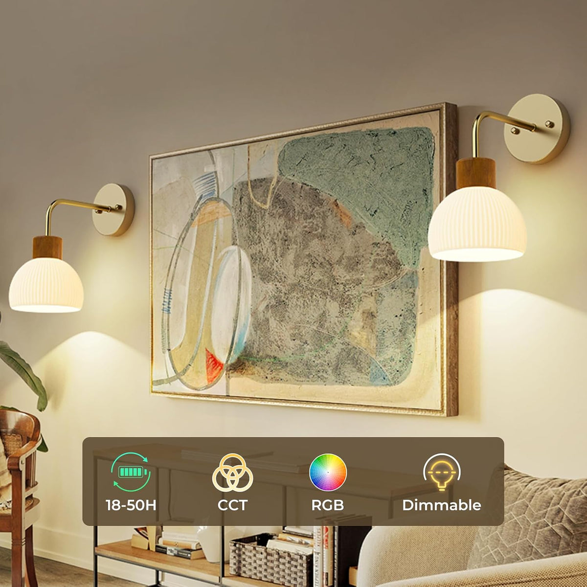 Glass Battery Operated Wall Sconces Set of 2, Rechargeable Wall Lamp with Remote, 12 Colors Dimmable Wireless Sconces