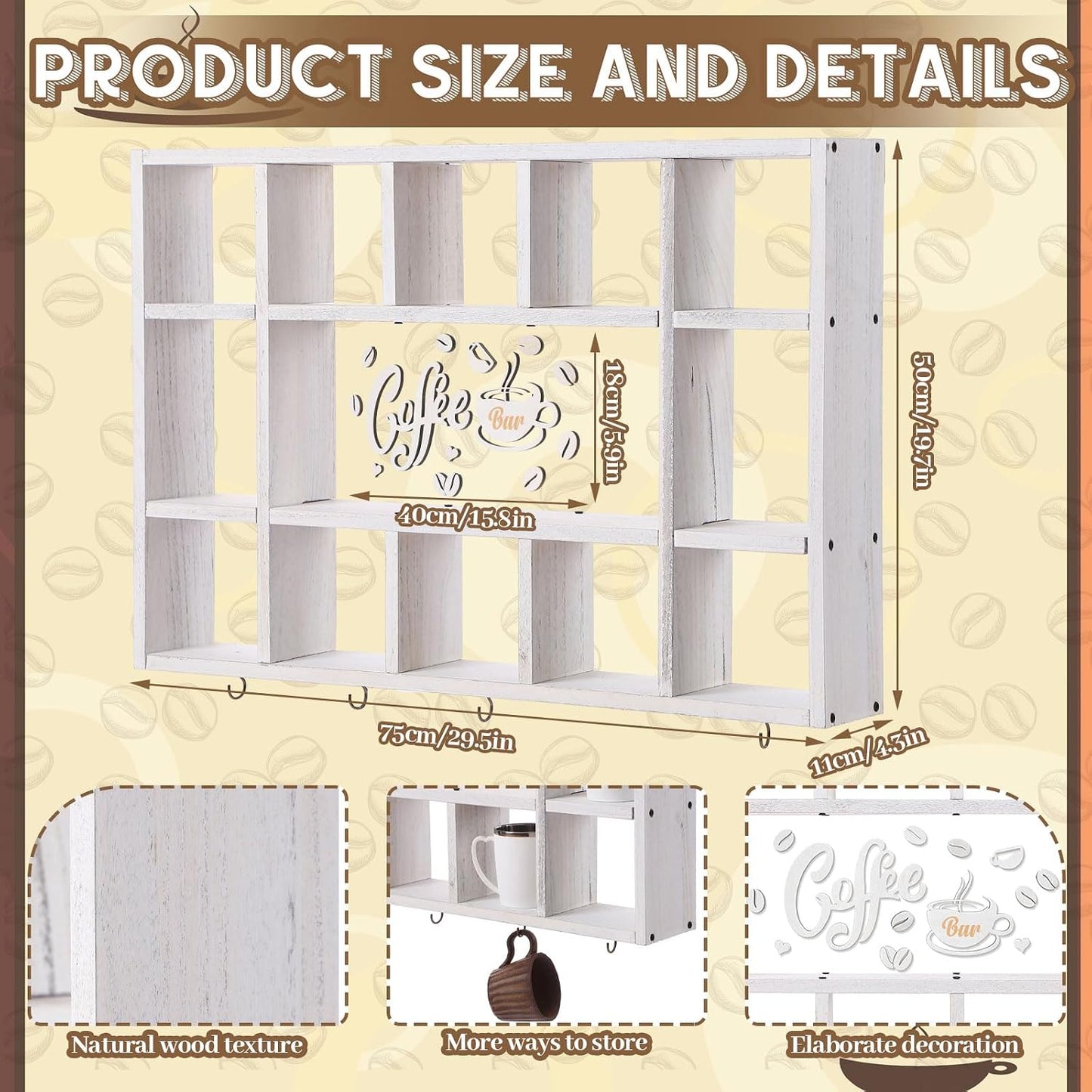 Cinnvoice Oversize Coffee Mug Display Shelf for Wall, Old White | Wood Coffee Mug Rack, Wall Mounted Shelf, Cubes Cup