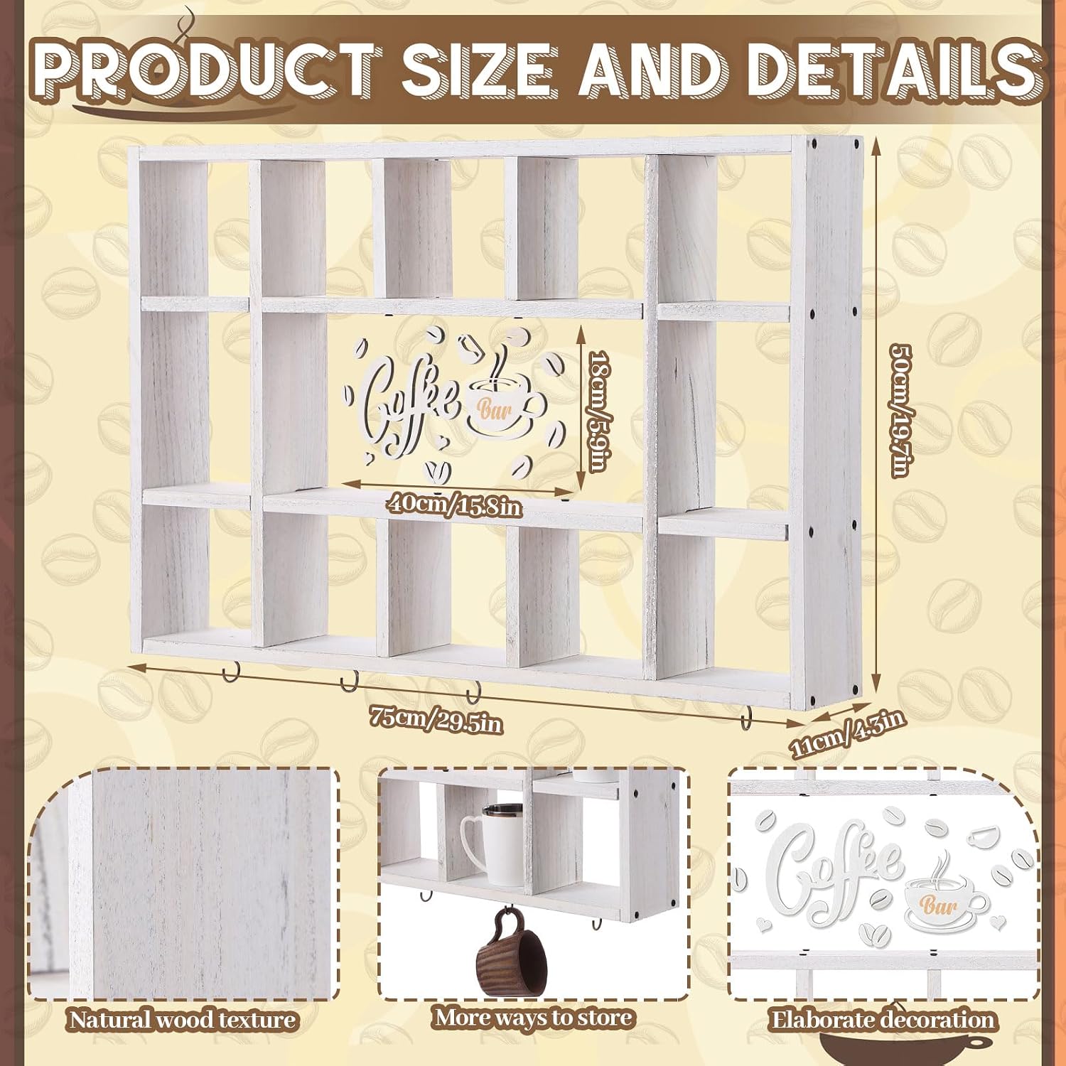 Cinnvoice Oversize Coffee Mug Display Shelf for Wall, Old White | Wood Coffee Mug Rack, Wall Mounted Shelf, Cubes Cup