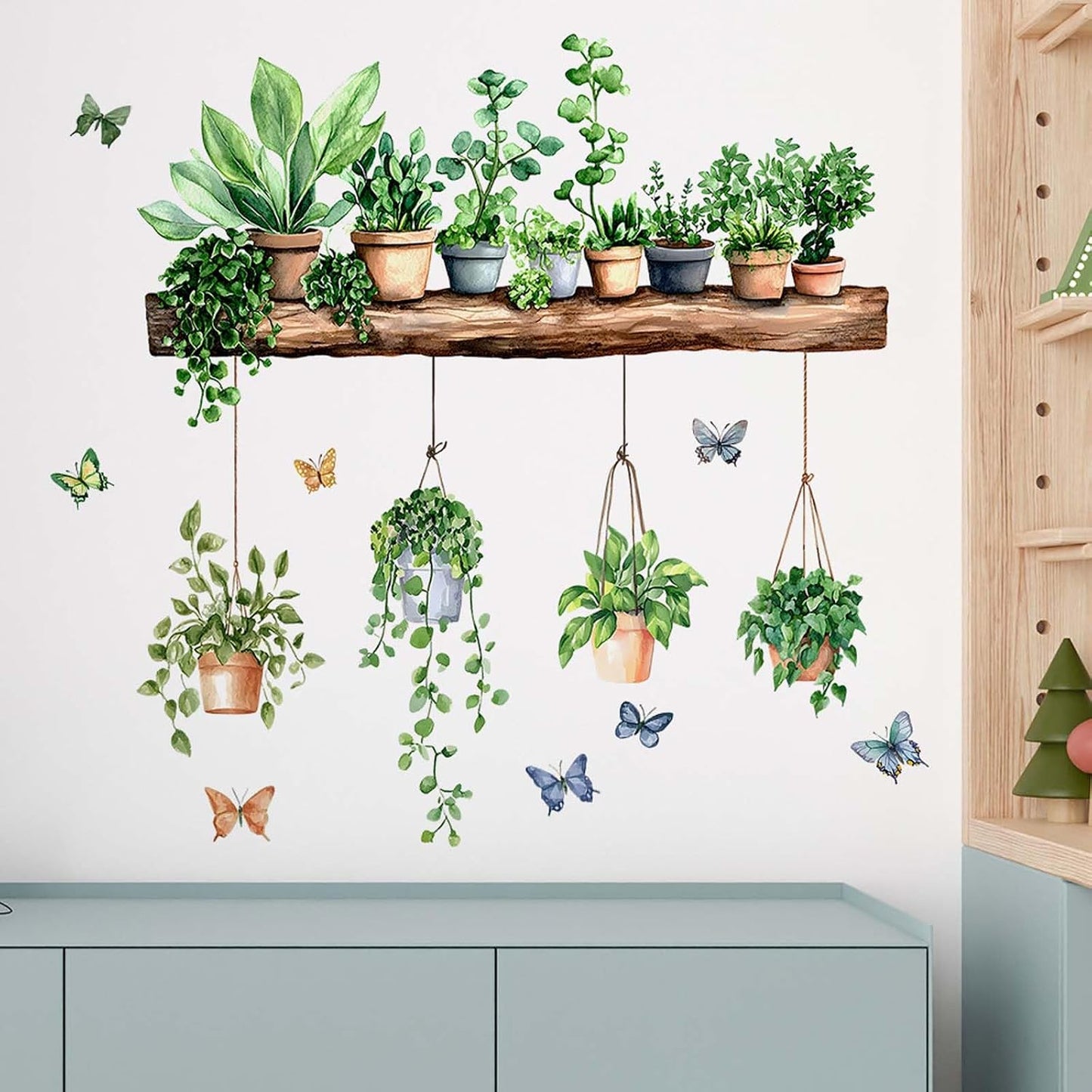 Plant Wall Decals 3D Bonsai Tropical Plant Butterfly Wall Sticker Creative Vinyl Peel / Green
