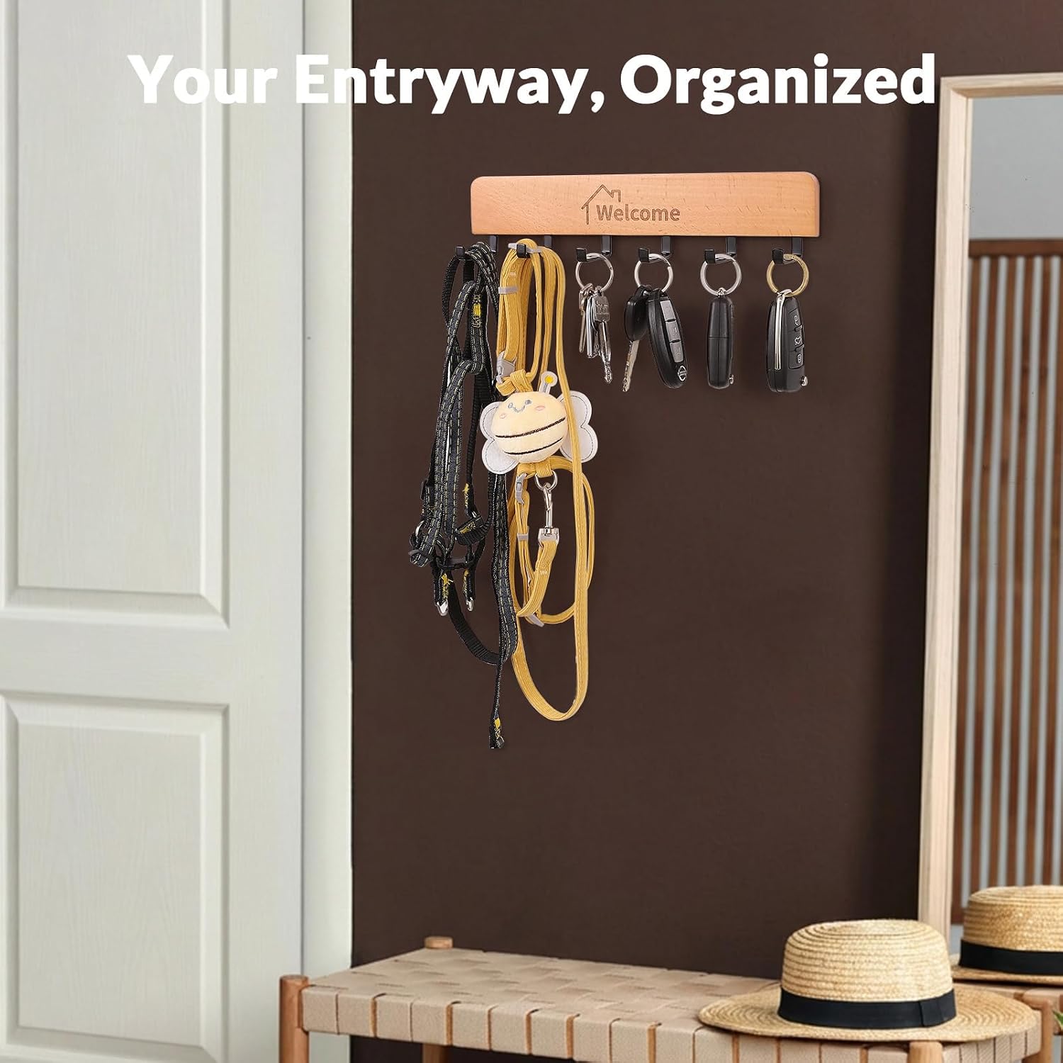 Metal Hooks / Wooden Key Holder / Natural / Set of 2