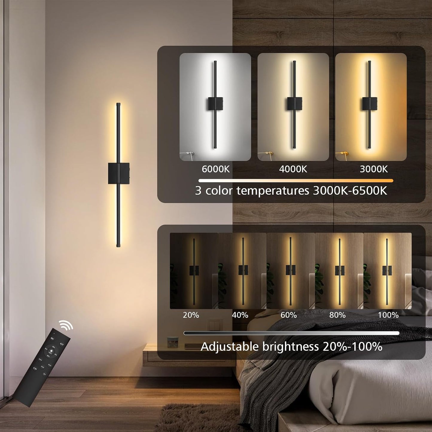 Battery Operated Wall Sconce Set of 2, Wall Sconces 3000K-6000K Dimmable Rechargeable Wall Sconce with Remote Control