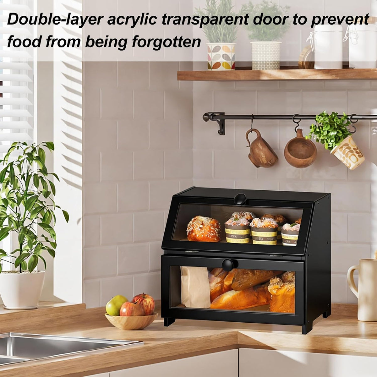 Bamboo Bread Box for Kitchen Countertop, Large Bread Storage Container Bin 2 Layer Breadbox Holder for Kitchen Counter
