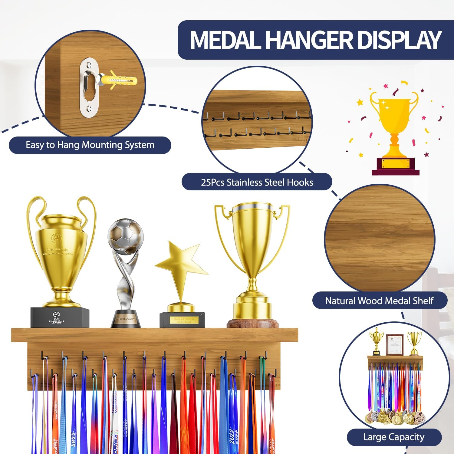 Medal Holder Display Trophy Shelf Organizer, Sturdy Wooden Race Award Hanger Rack with 25 Steel Hooks, Wall Mount
