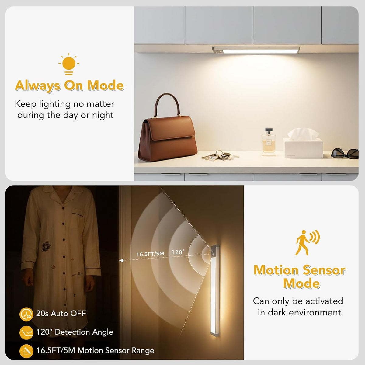 13 Inch Under Cabinet Lighting, LED Motion Sensor Light Indoor, 2500mAh USB Rechargeable Closet Lights, Dimmable