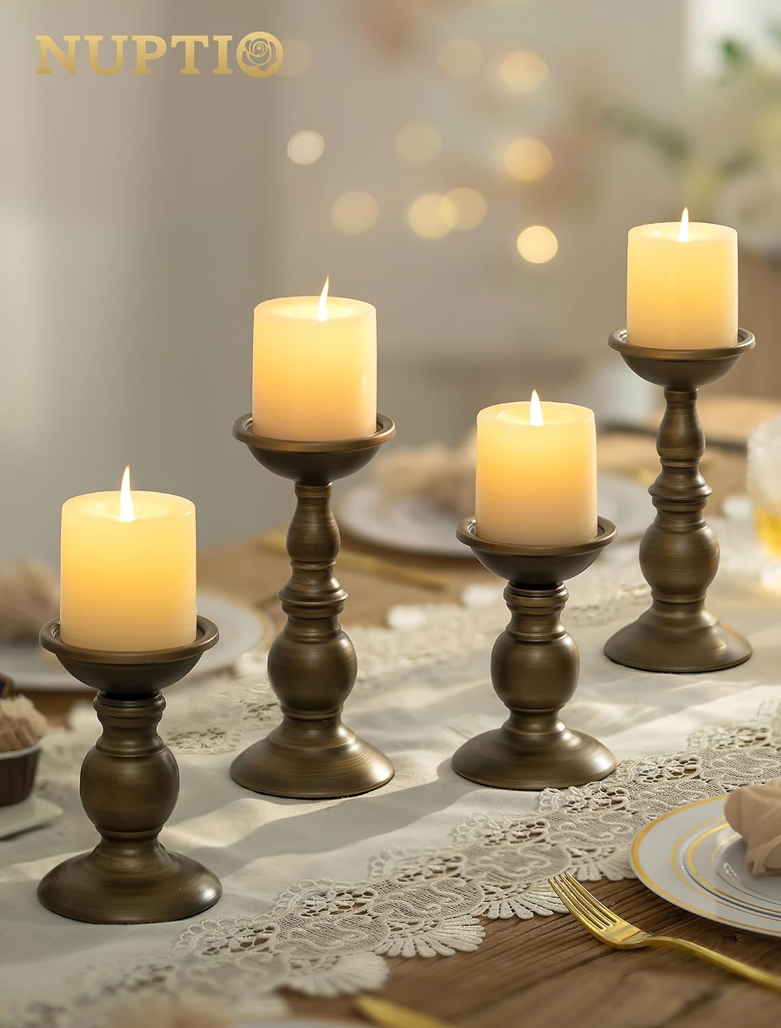 NUPTIO Bronze Candle Holder for Pillars: Candle Stand for 3 inches Candles | (2 x S) Iron Candle Centerpieces for