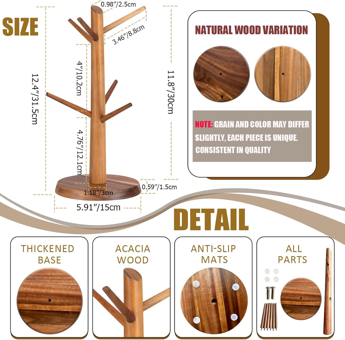 Coffee Mug Tree 6-Hook,Acacia Wood Mug Holder Countertop | Mugs Stand for Tea & Coffee Cups, Kitchen Countertop &