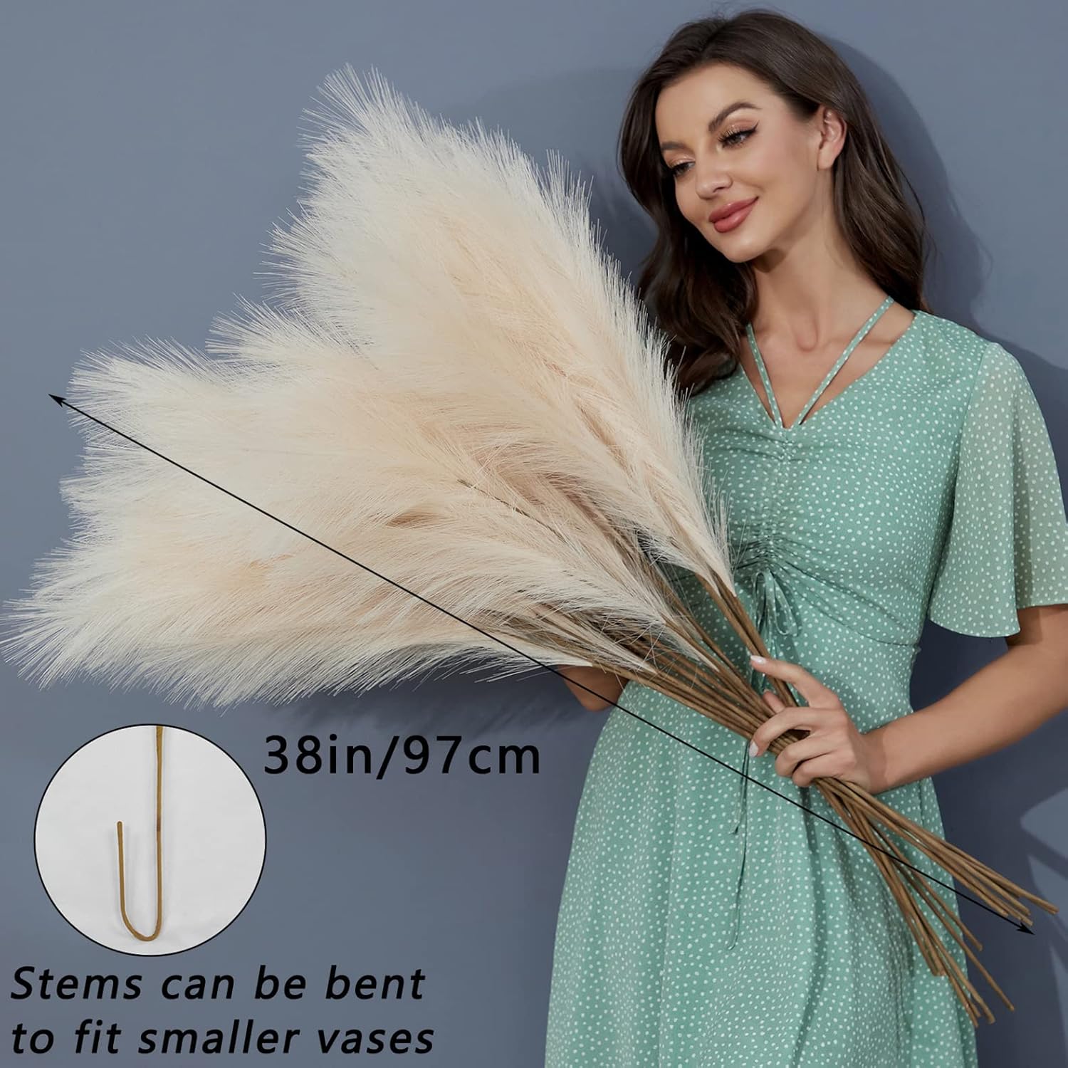 Faux Pampas Grass Decor 38"/ Tall Fake Pompas Floral Large Artificial / Beige / 3.1 Inch / Set of 8