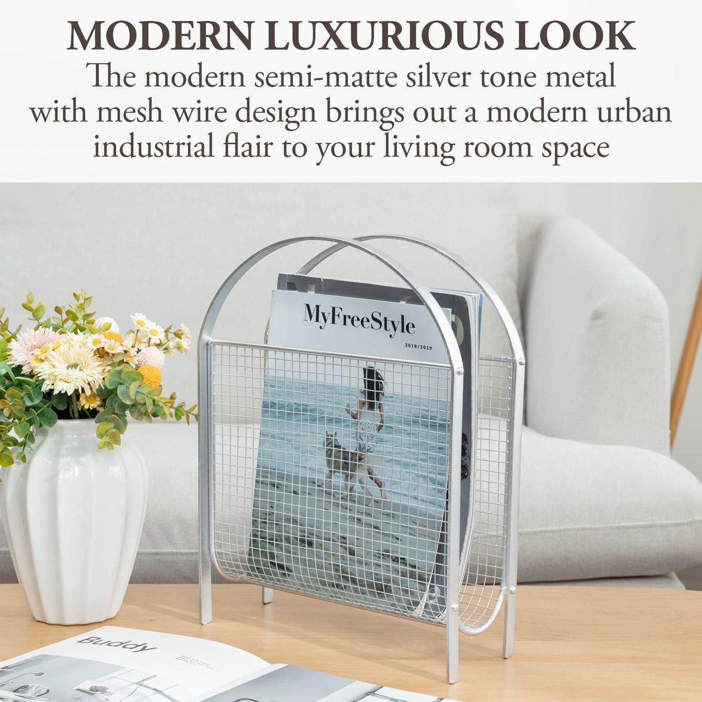 MyGift Mid-Century Silver Metal Mesh Magazine Rack, Freestanding Holder | Mid-century inspired silver mesh rack keeps
