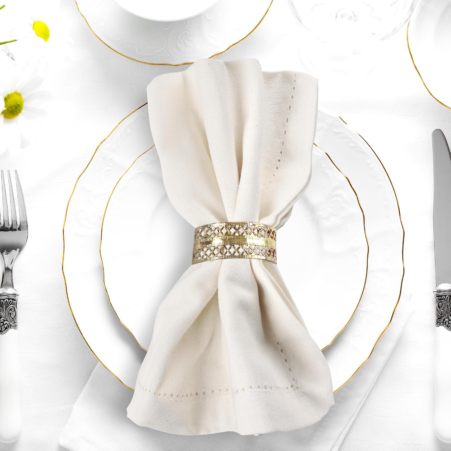 Urban Villa Hemstitch Cloth Dinner Napkins Cotton 20”x20” (Set of 6)- Ivory