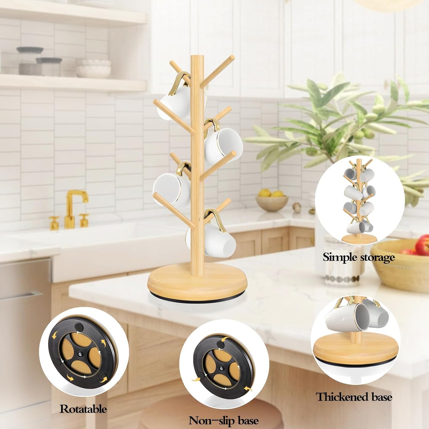 Mug Holder Tree,New Upgraded 360° Rotated 8 Hooks Coffee Cup Holder for Counter,Wood Coffee Mug Rack Standing for Coffe